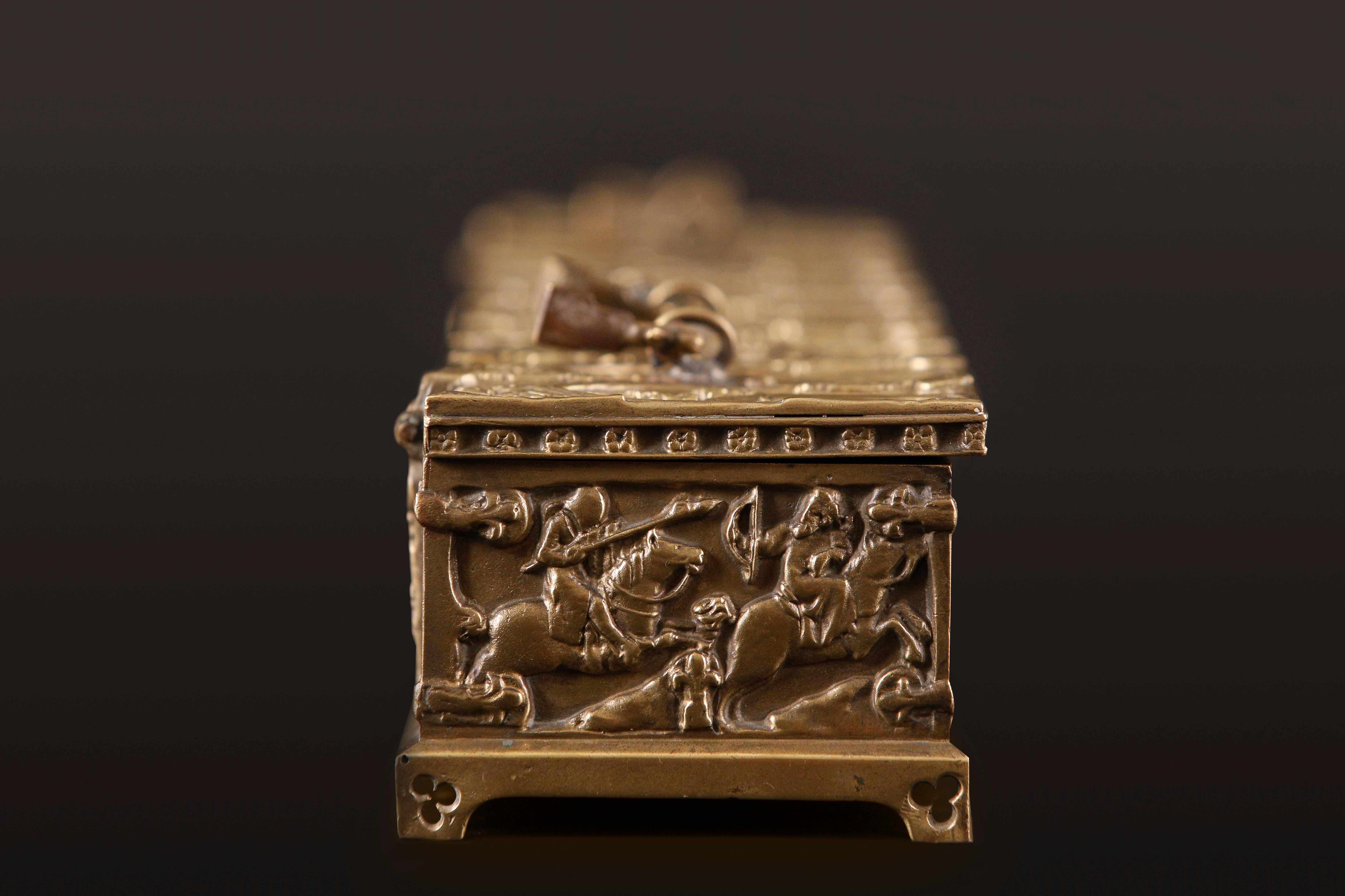 Cast Gothic Revival Religious Ecclesiastical Bronze Chest Casket Jewelry Box For Sale