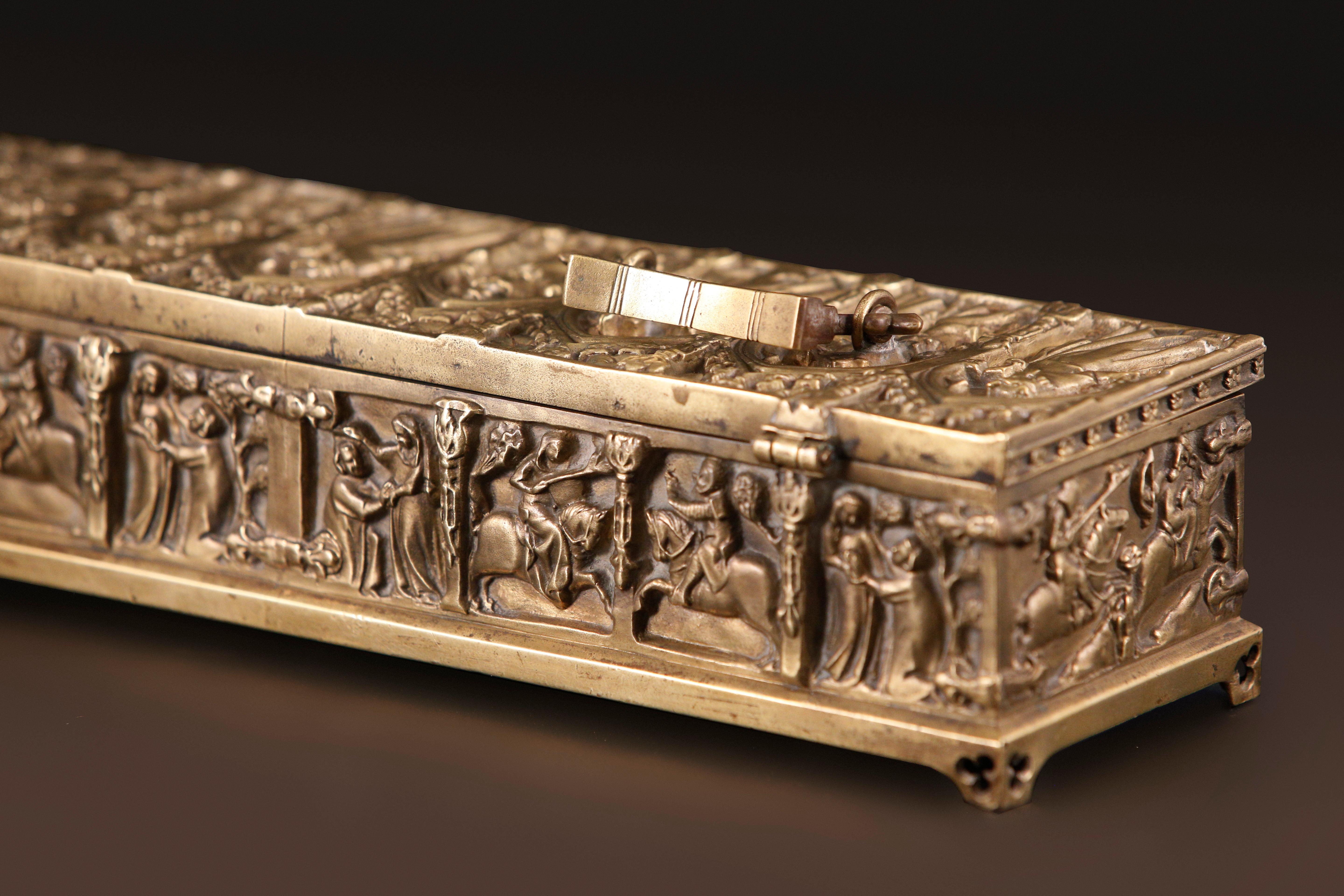 20th Century Gothic Revival Religious Ecclesiastical Bronze Chest Casket Jewelry Box For Sale