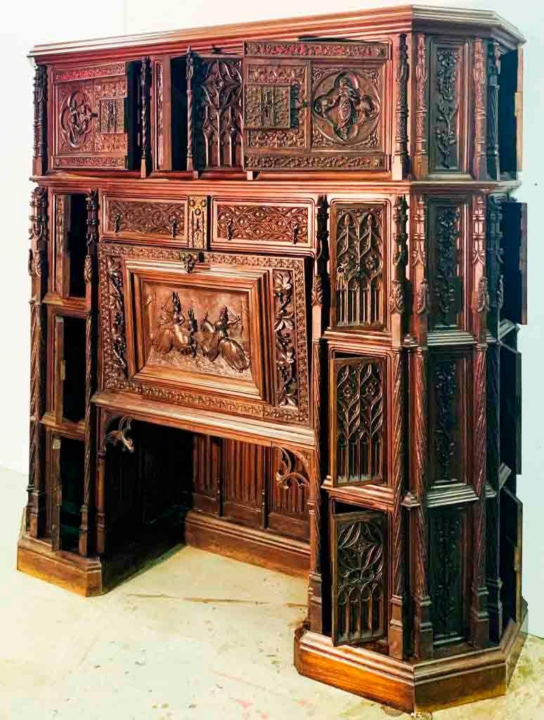 Carved Gothic Revival Secretary Desk, Walnut, France