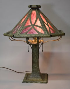 Gothic Revival Slag Glass Panel Table Lamp by Bradley Hubbard Hubbell Sockets