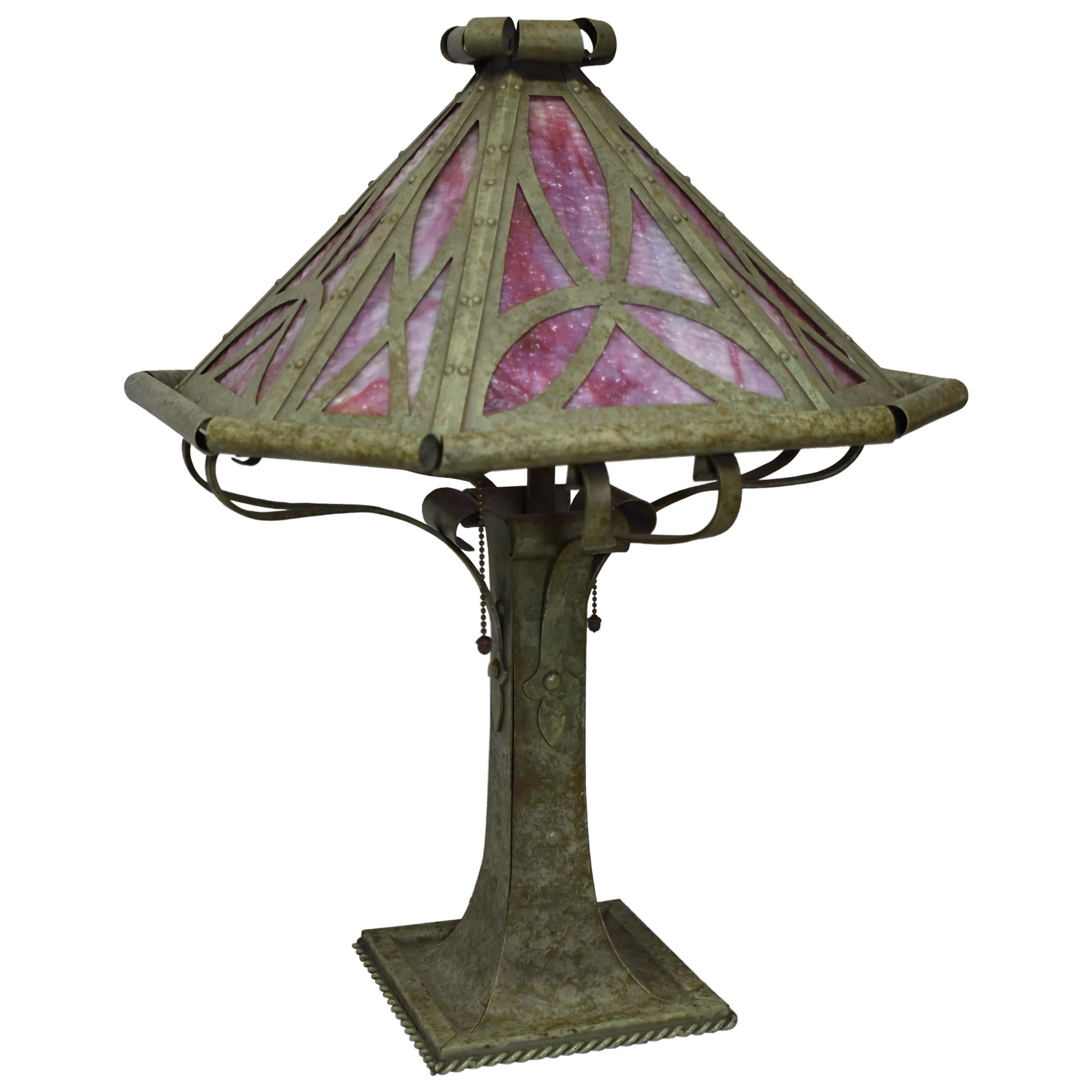 Gothic Revival Slag Glass Panel Table Lamp by Bradley Hubbard Hubbell Sockets For Sale