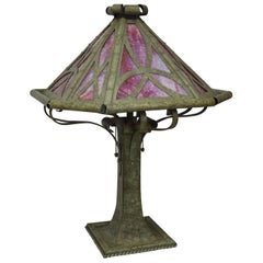 Gothic Revival Slag Glass Panel Table Lamp by Bradley Hubbard Hubbell Sockets