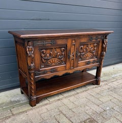 Gothic Revival Solid Oak Sideboard / Sidetable / 1930s Small 2-Door Credenza