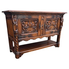 Gothic Revival Solid Oak Sideboard / Sidetable / 1930s Small 2-Door Credenza