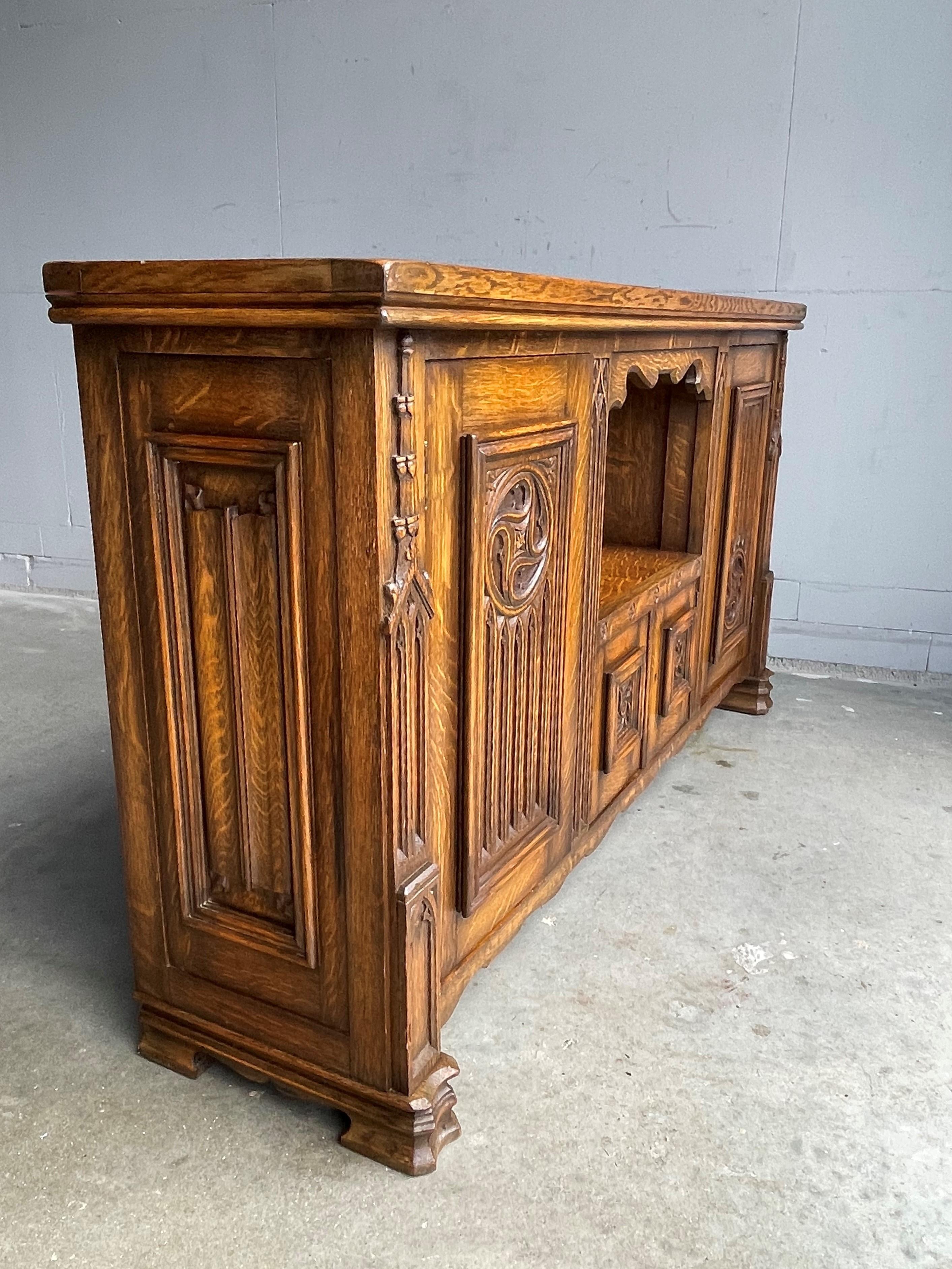 Brass Gothic Revival Solid Oak Sideboard / Sidetable / 1930s Small 4-Door Credenza