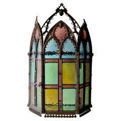 Gothic Revival Stained Glass Architectural Wall Cabinet 1880 with Bronze Details