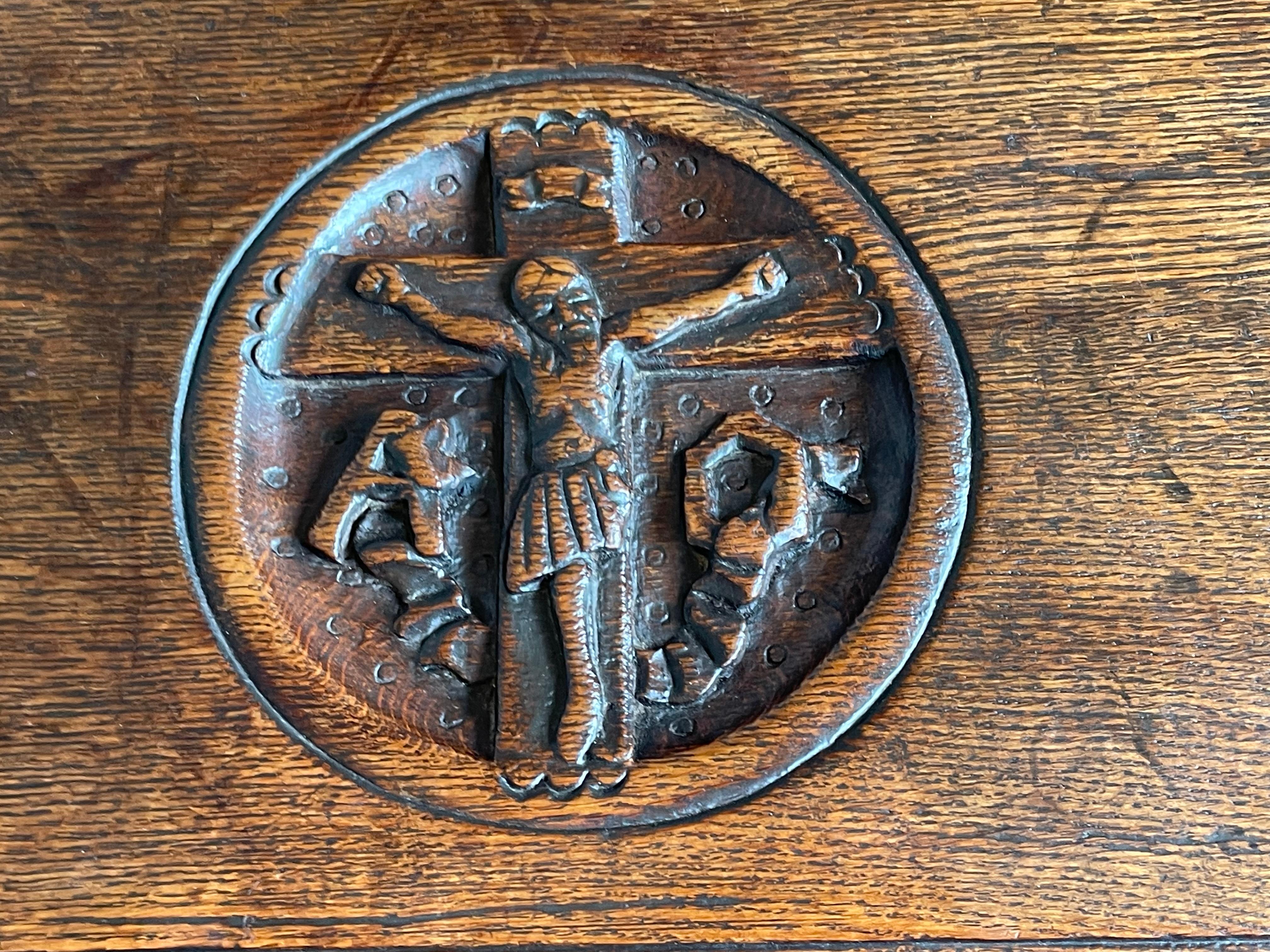 Forged Gothic Revival Stool / Bench with Hand Carved Christ on Crucifix Sculpture 1800s For Sale