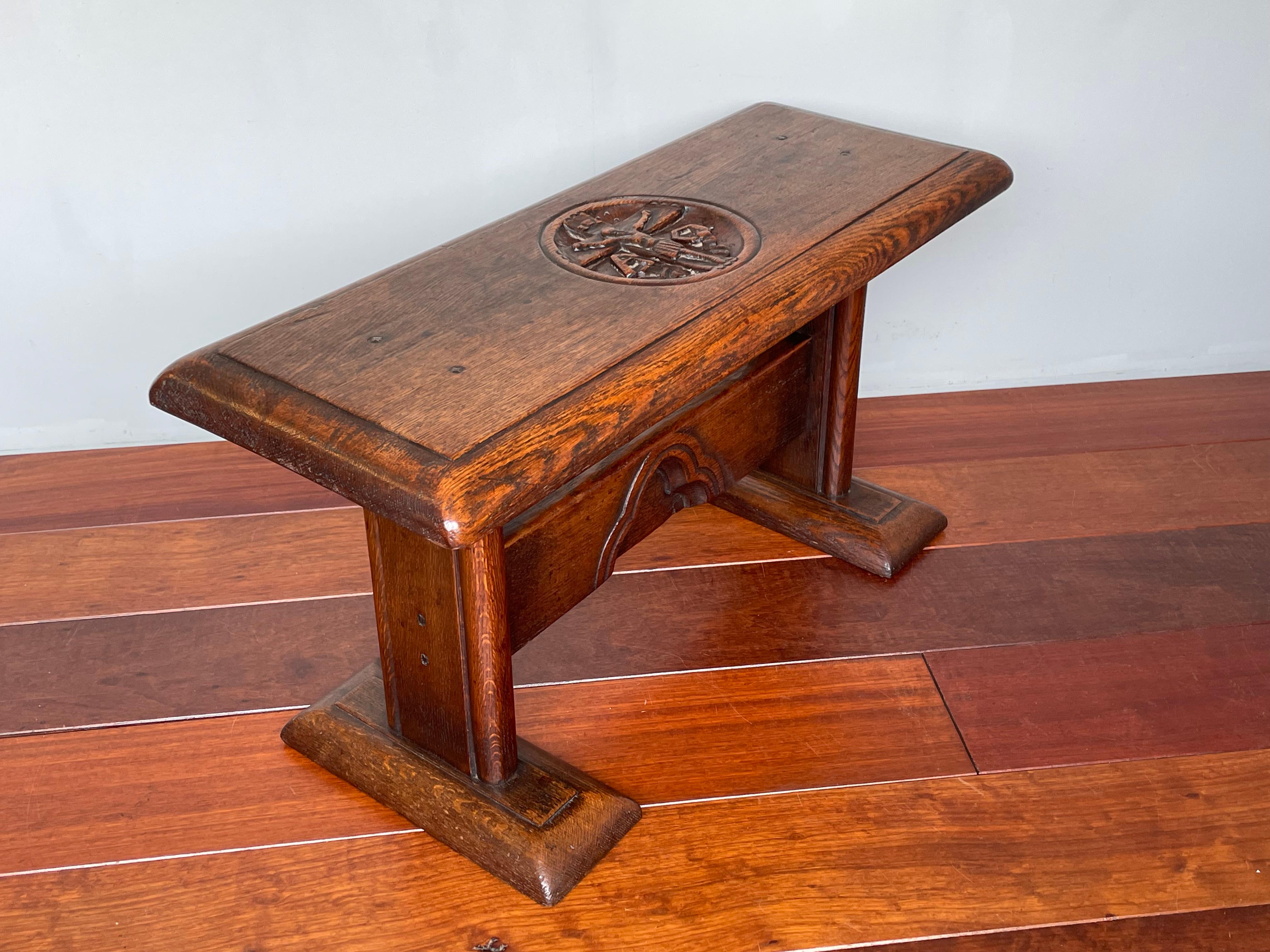 Oak Gothic Revival Stool / Bench with Hand Carved Christ on Crucifix Sculpture 1800s For Sale