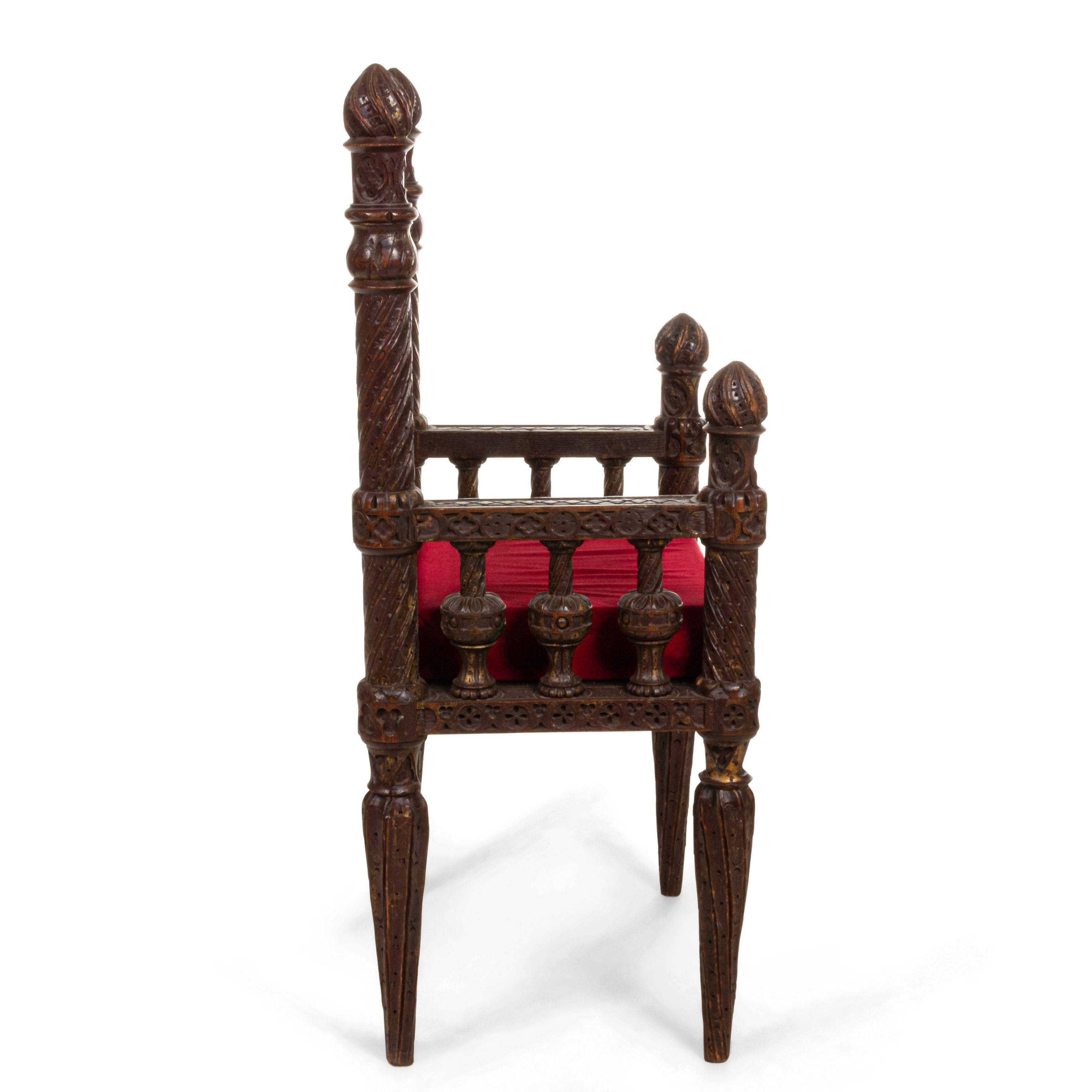 Wood Gothic Revival Style 19th Century Burgundy Arm Chair For Sale