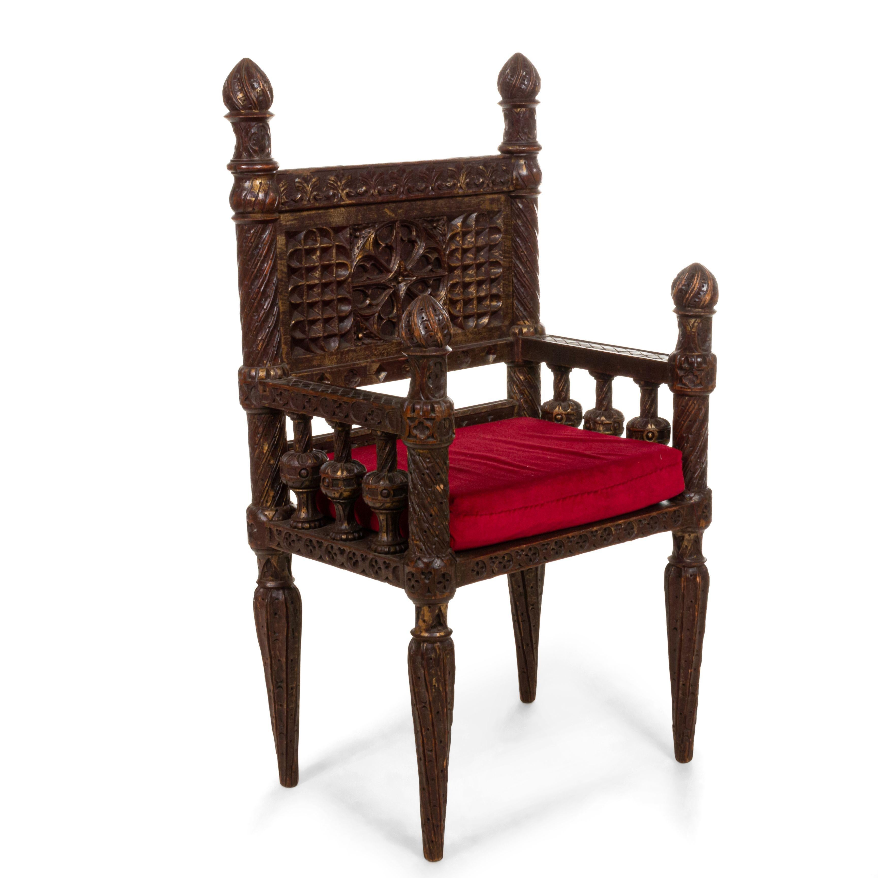 Gothic Revival Style 19th Century Burgundy Arm Chair For Sale 1