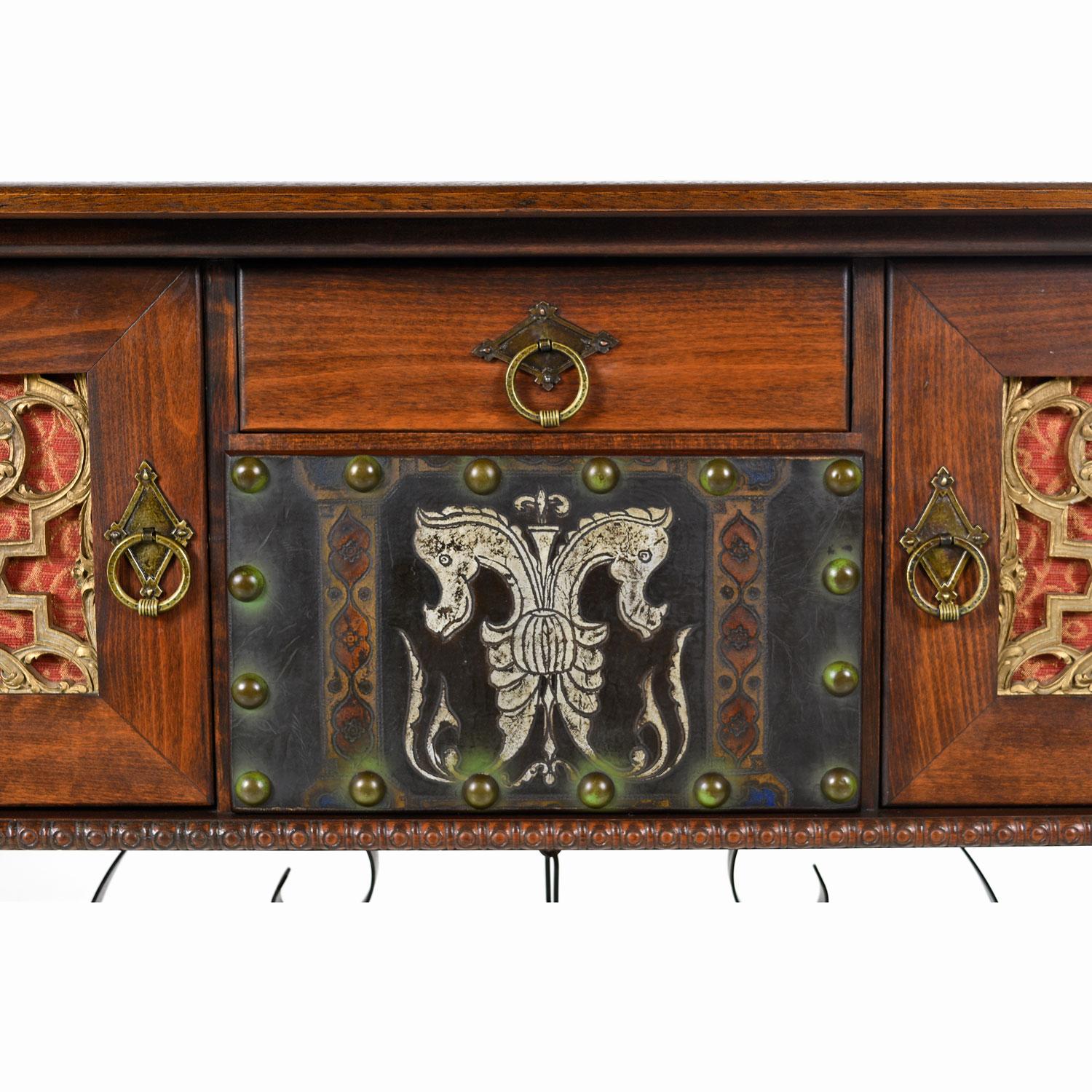 Late 20th Century Gothic Revival Style Dragon Motif Brass and Leather Accent Mahogany Oak Credenza