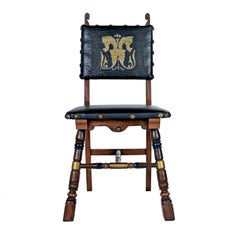 Gothic Revival Style Dragon Motif Brass and Leather Mahogany Oak Chairs