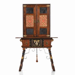 Gothic Revival Style Dragon Motif Brass and Leather Mahogany Oak Dining Set