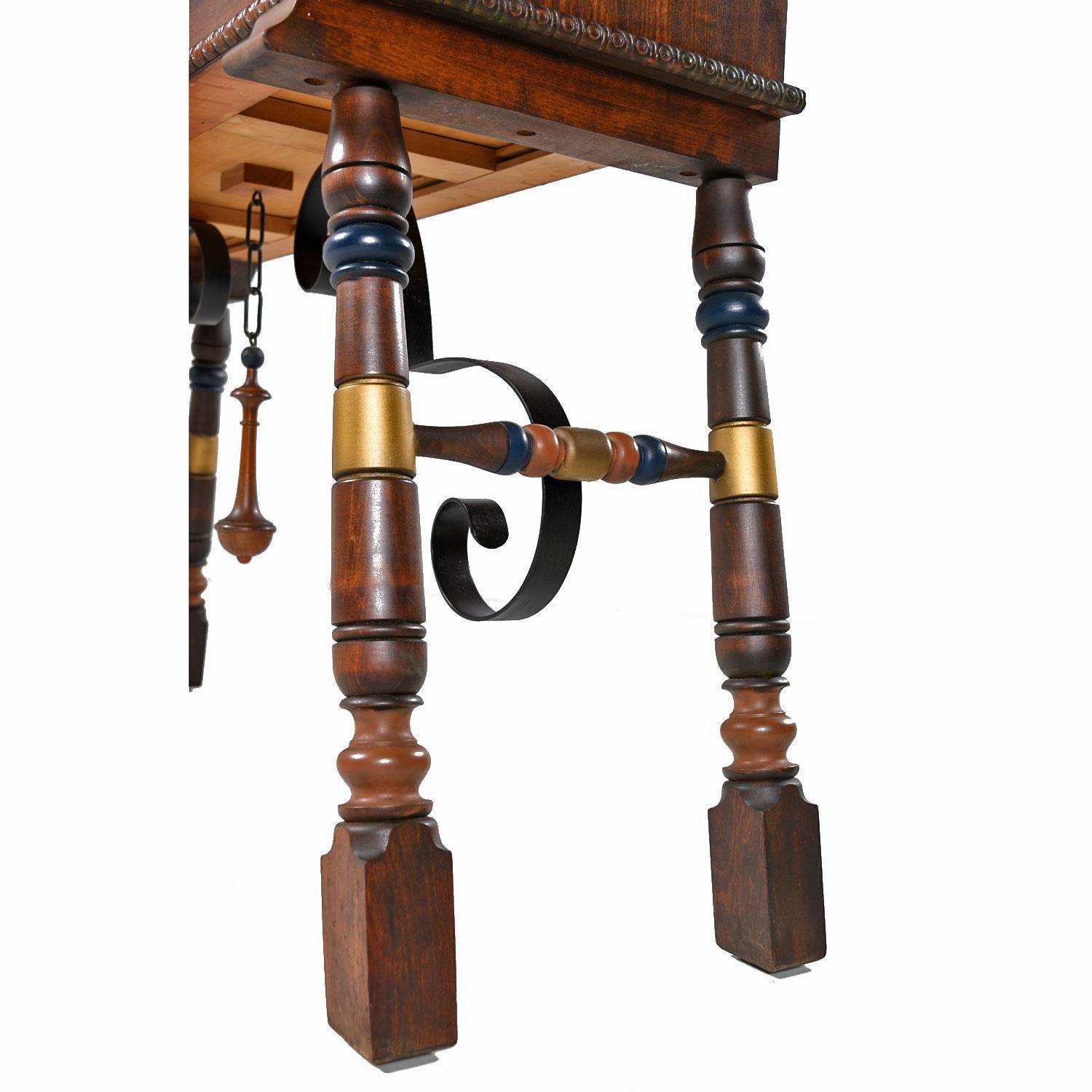 Late 20th Century Gothic Revival Style Dragon Motif Brass and Leather Mahogany Oak Dining Set