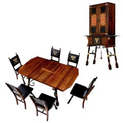 Vintage Gothic Revival Style Dragon Motif Brass and Leather Mahogany Oak Dining Set