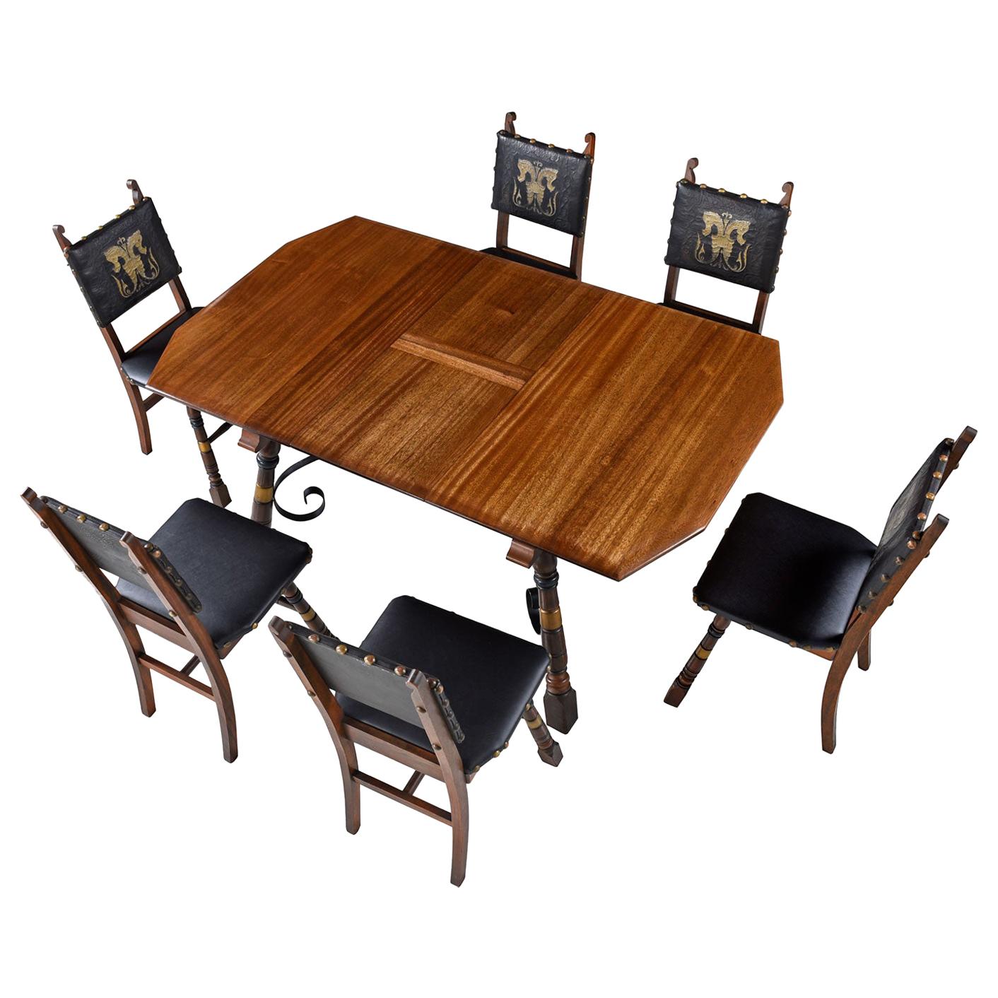 Gothic Revival Style Dragon Motif Brass and Leather Mahogany Oak Table & Chairs