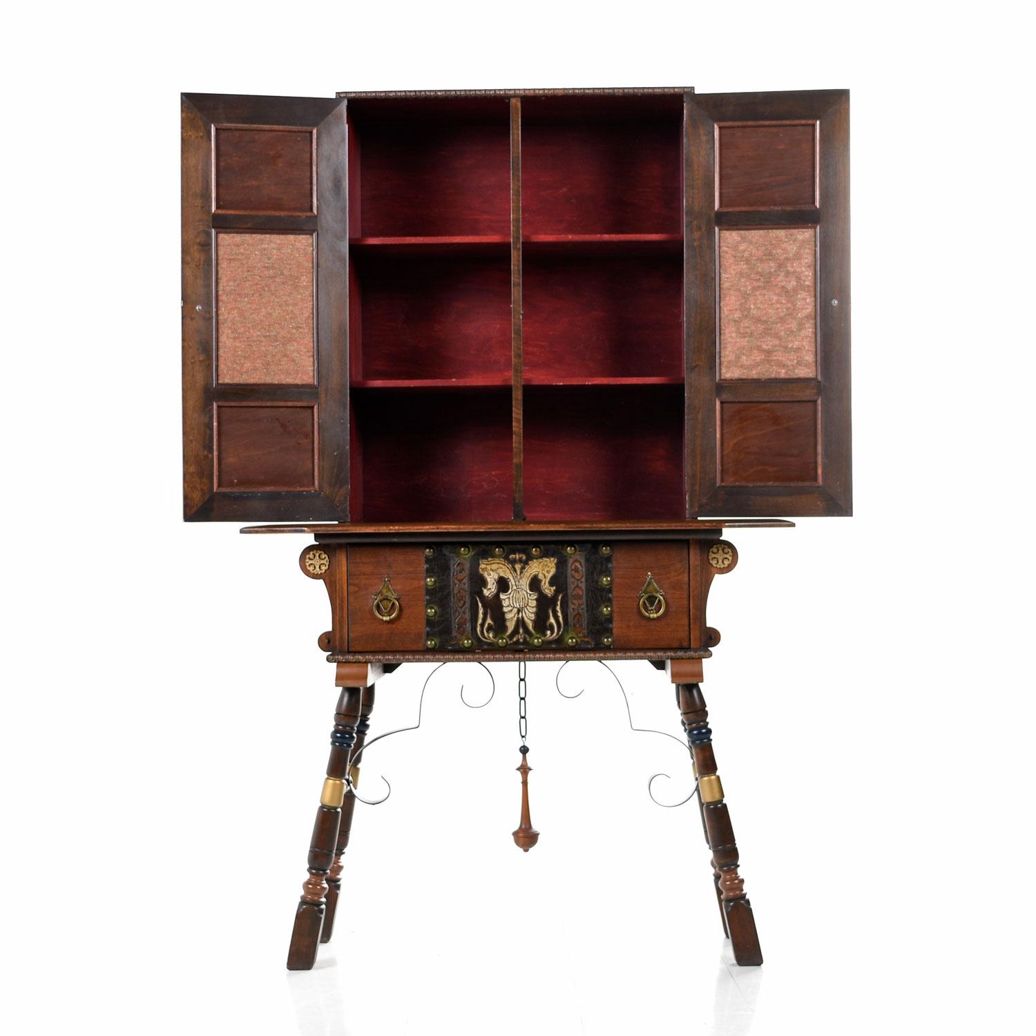 Medieval Gothic Revival Style Dragon Motif Brass & Leather Accent Mahogany Hutch Cabinet