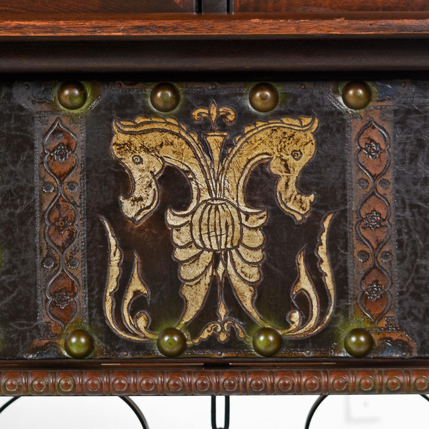 Gothic Revival Style Dragon Motif Brass & Leather Accent Mahogany Hutch Cabinet In Excellent Condition In Chattanooga, TN