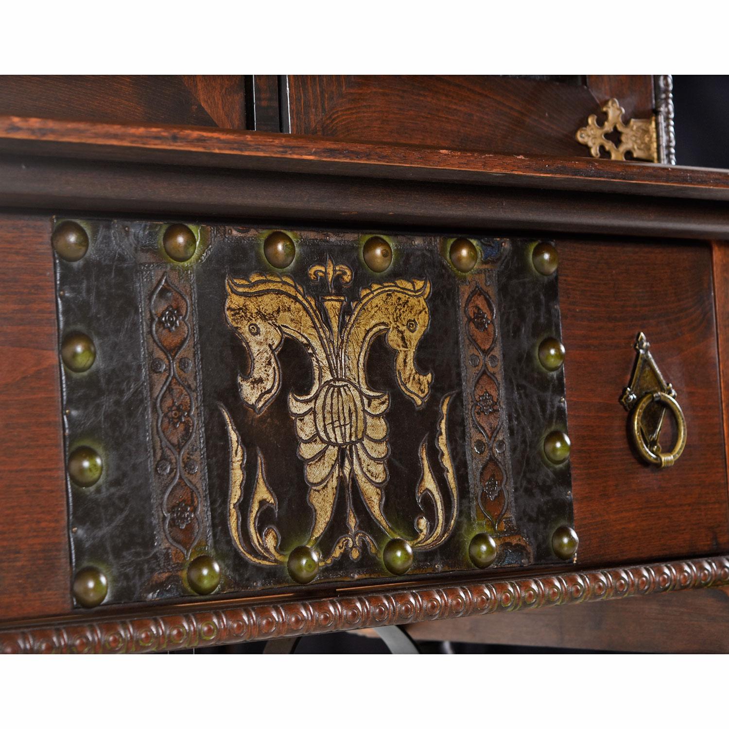 Late 20th Century Gothic Revival Style Dragon Motif Brass & Leather Accent Mahogany Hutch Cabinet