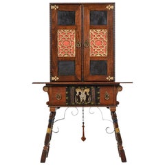 Gothic Revival Style Dragon Motif Brass & Leather Accent Mahogany Hutch Cabinet