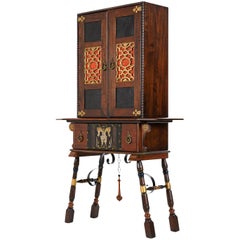 Vintage Gothic Revival Style Dragon Motif Brass & Leather Accent Mahogany Hutch Cabinet