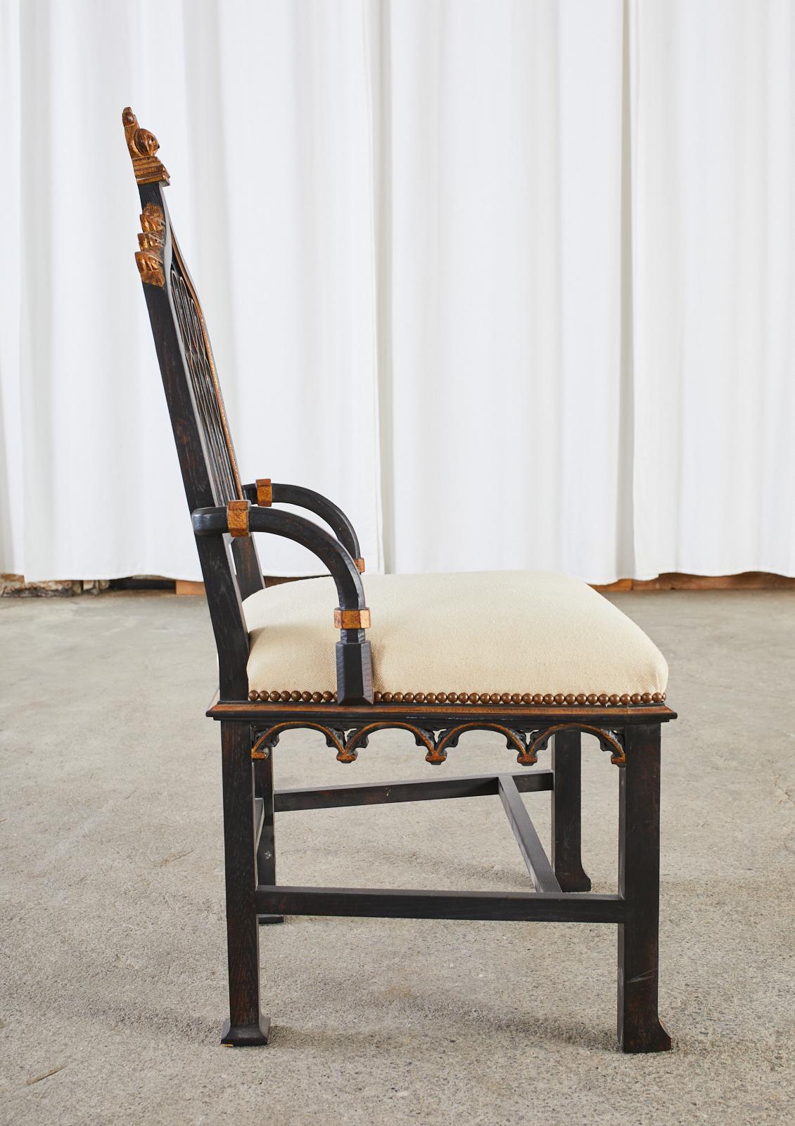Gothic Revival Style Ebonized Parcel Gilt Hall Chair 3