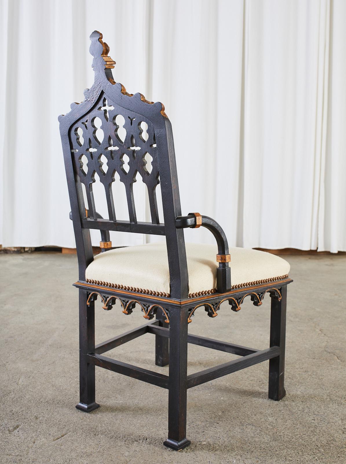Gothic Revival Style Ebonized Parcel Gilt Hall Chair 6