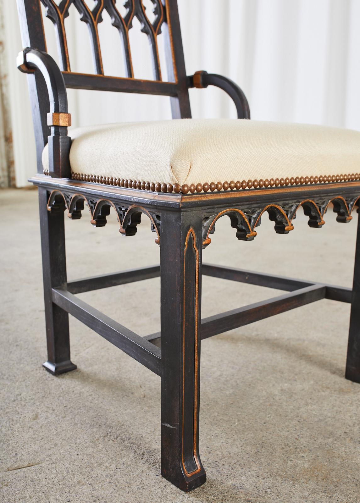 Gothic Revival Style Ebonized Parcel Gilt Hall Chair 7