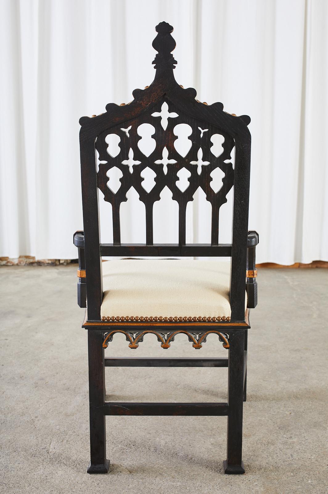 Gothic Revival Style Ebonized Parcel Gilt Hall Chair 9
