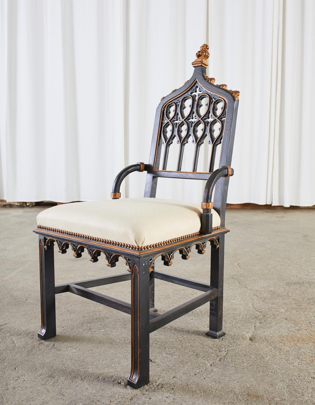 American Gothic Revival Style Ebonized Parcel Gilt Hall Chair