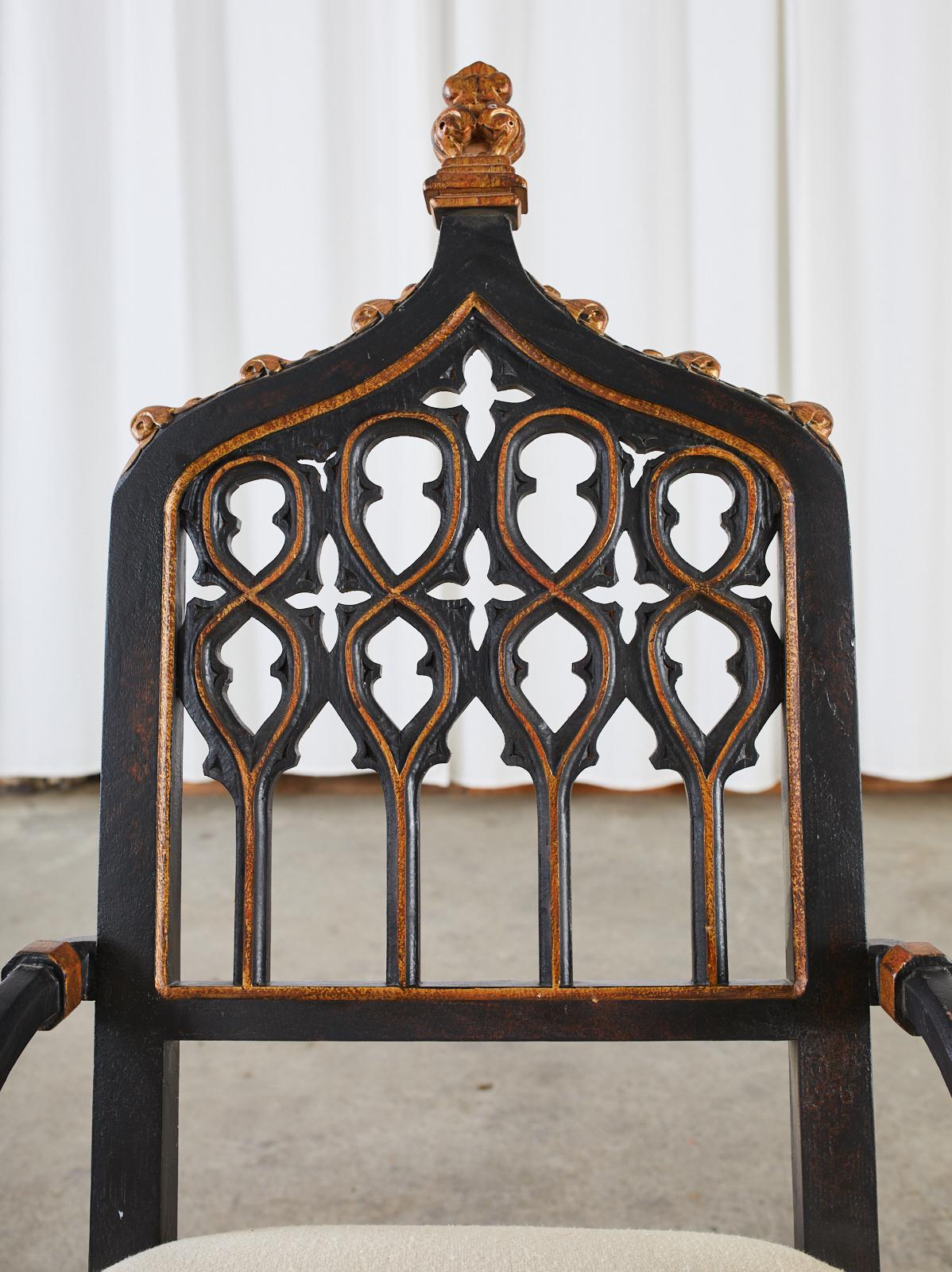 Lacquered Gothic Revival Style Ebonized Parcel Gilt Hall Chair
