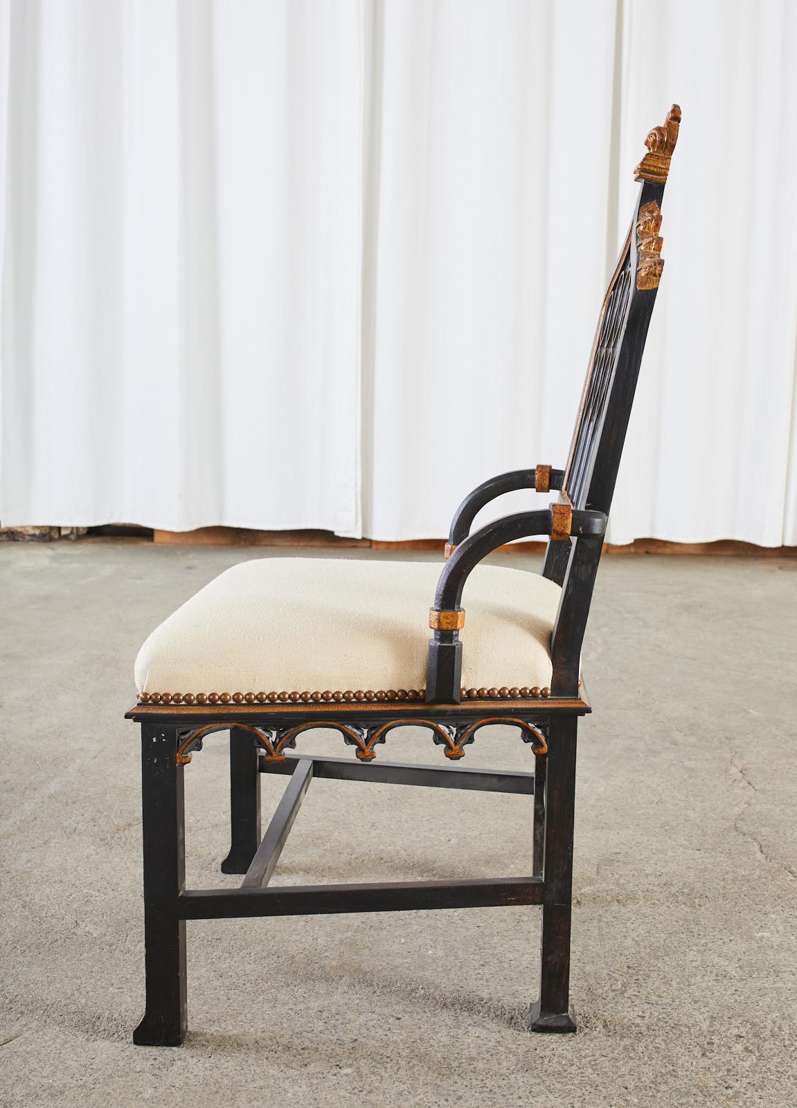 Gothic Revival Style Ebonized Parcel Gilt Hall Chair 1
