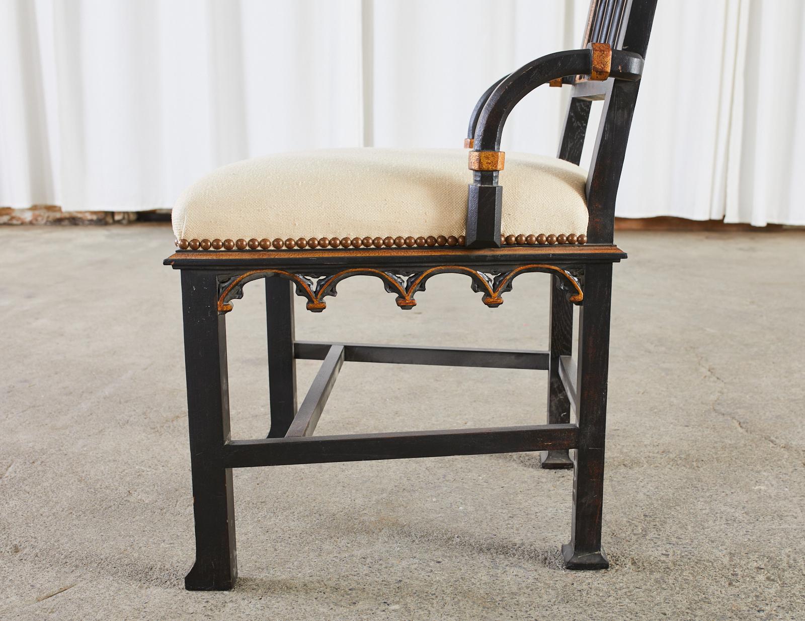 Gothic Revival Style Ebonized Parcel Gilt Hall Chair 2
