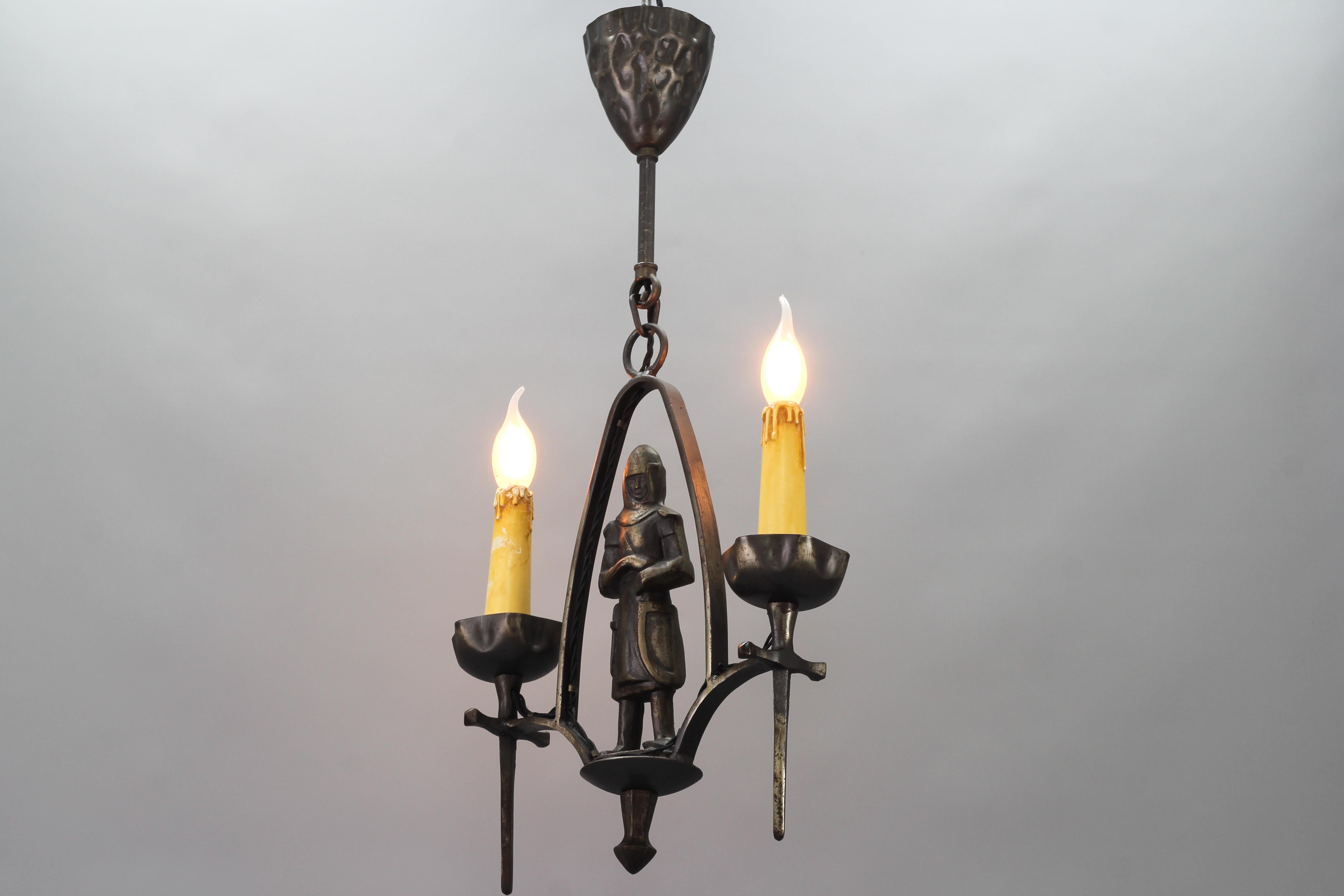 Gothic Revival Style Wrought Iron Two-Light Chandelier with Knight  For Sale 4
