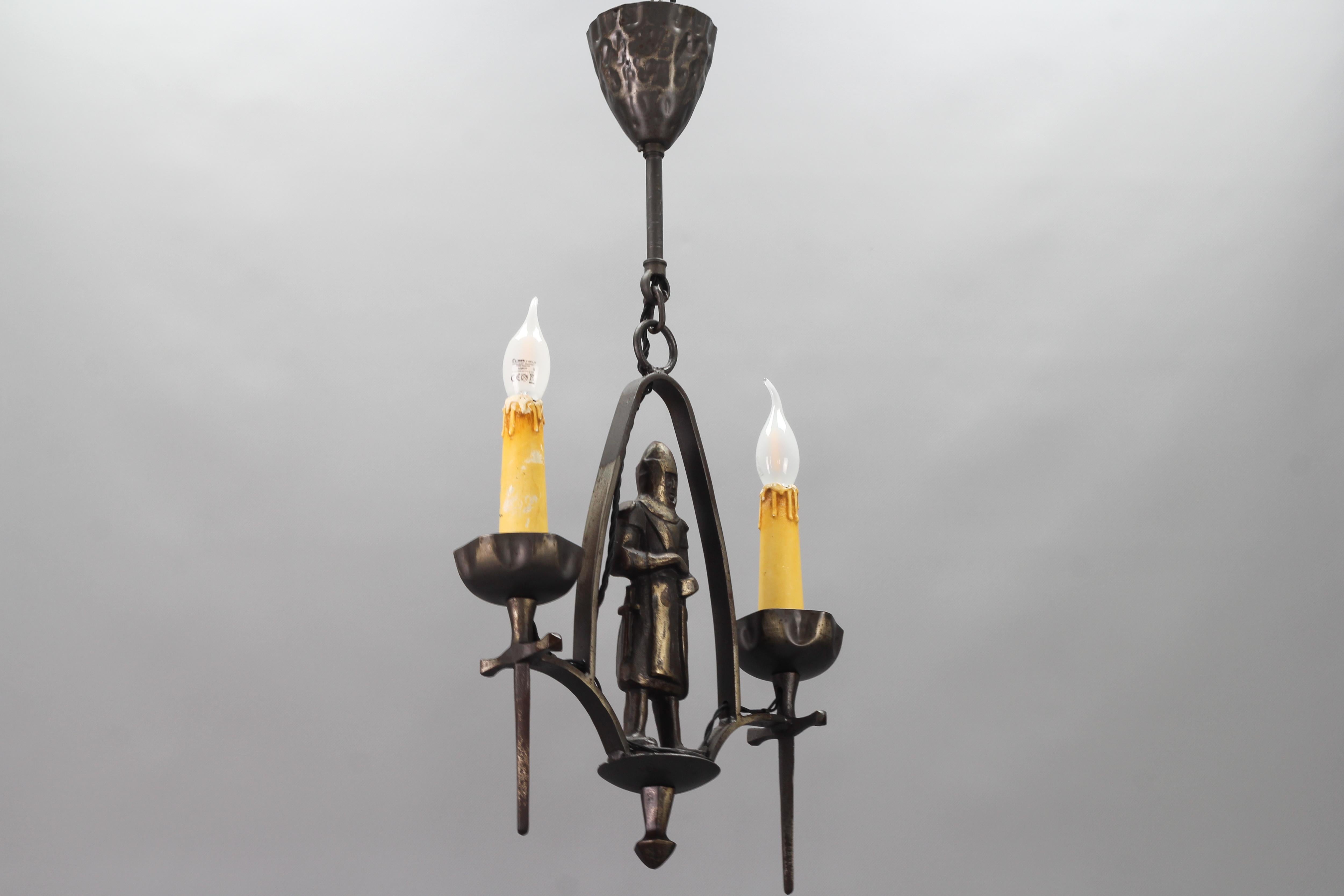 Gothic Revival Style Wrought Iron Two-Light Chandelier with Knight  For Sale 5
