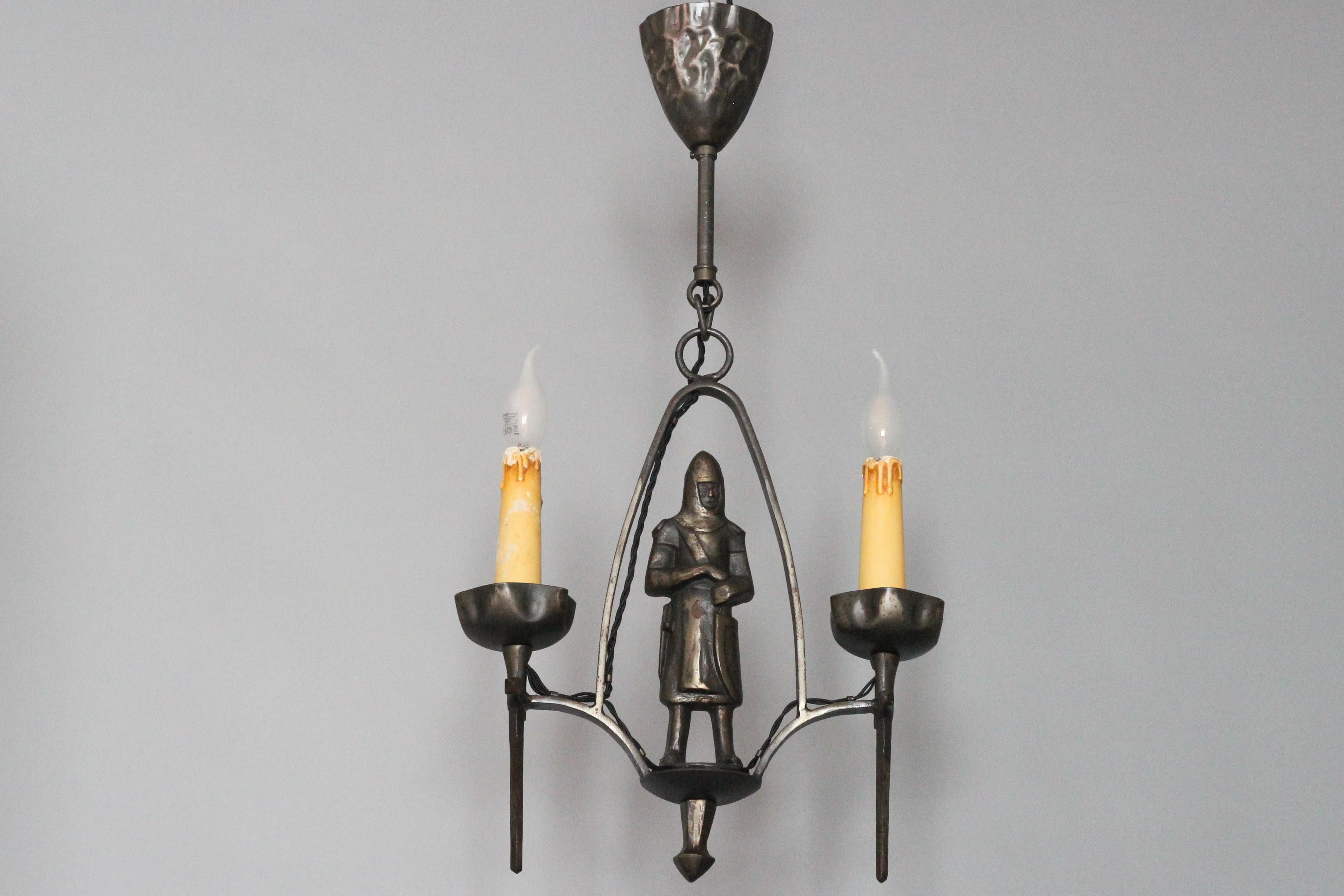 Gothic Revival Style Wrought Iron Two-Light Chandelier with Knight  For Sale 6