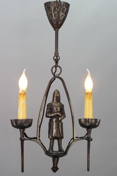 Gothic Revival Style Wrought Iron Two-Light Chandelier with Knight