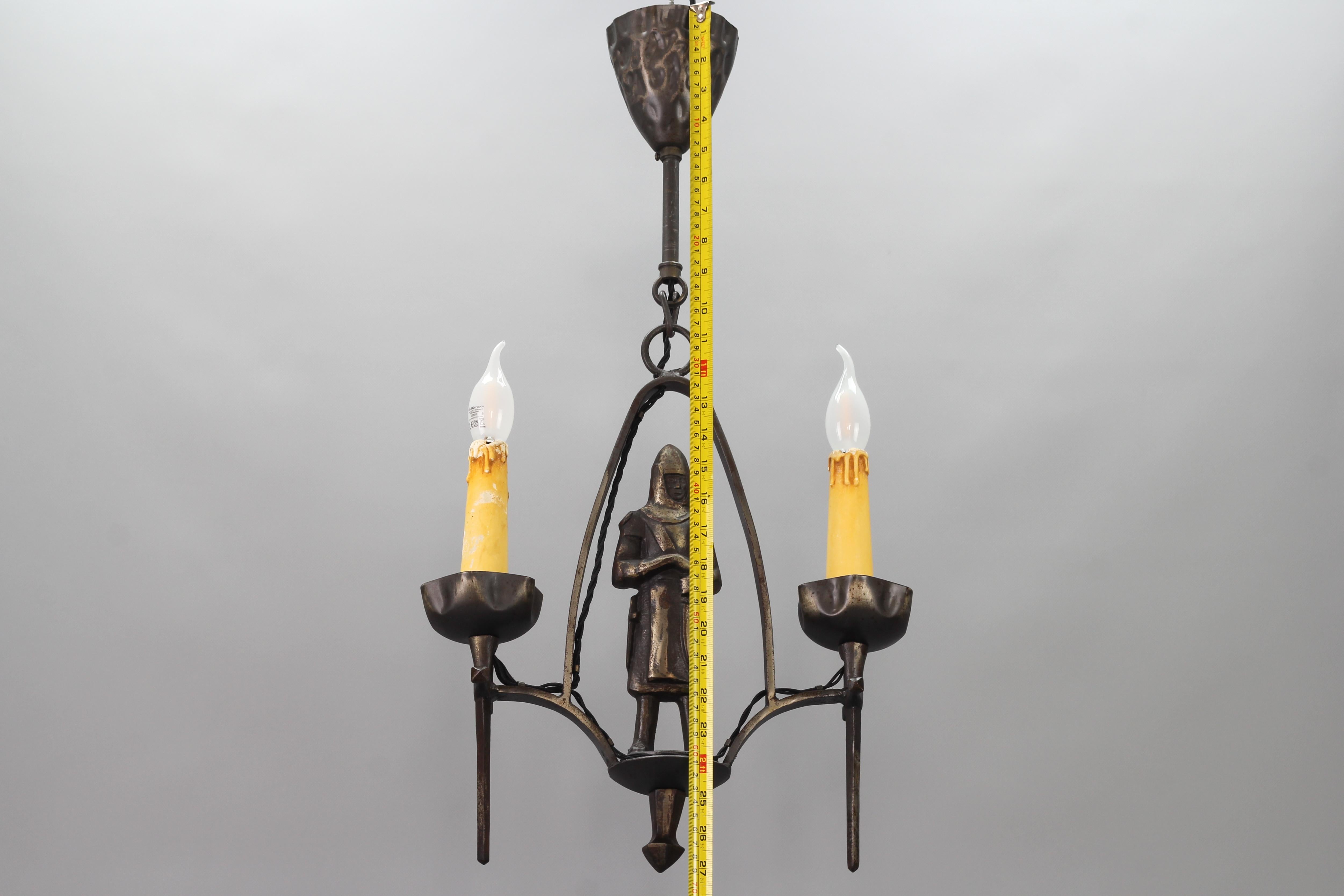 Gothic Revival Style Wrought Iron Two-Light Chandelier with Knight  For Sale 13