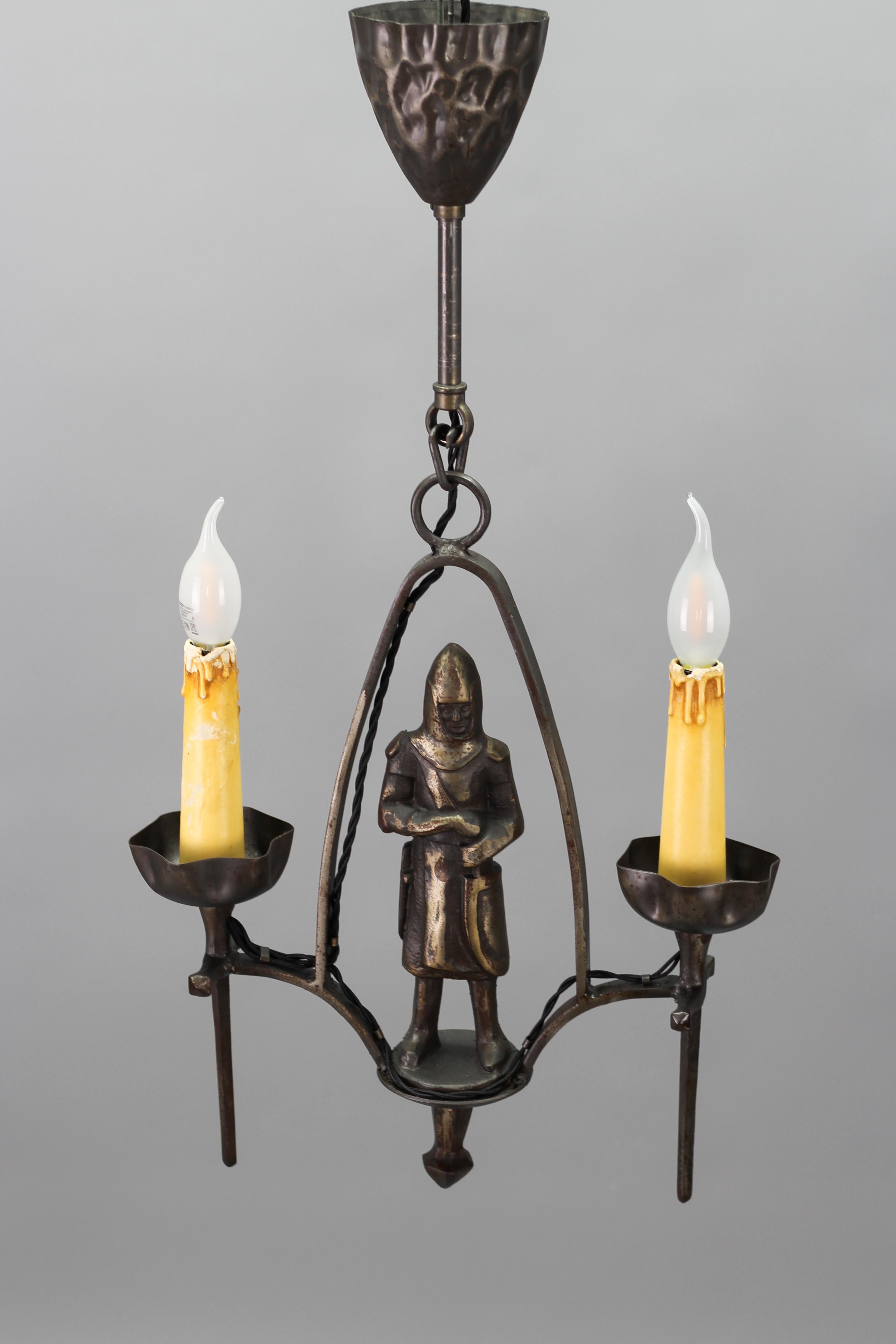 French Gothic Revival Style Wrought Iron Two-Light Chandelier with Knight  For Sale