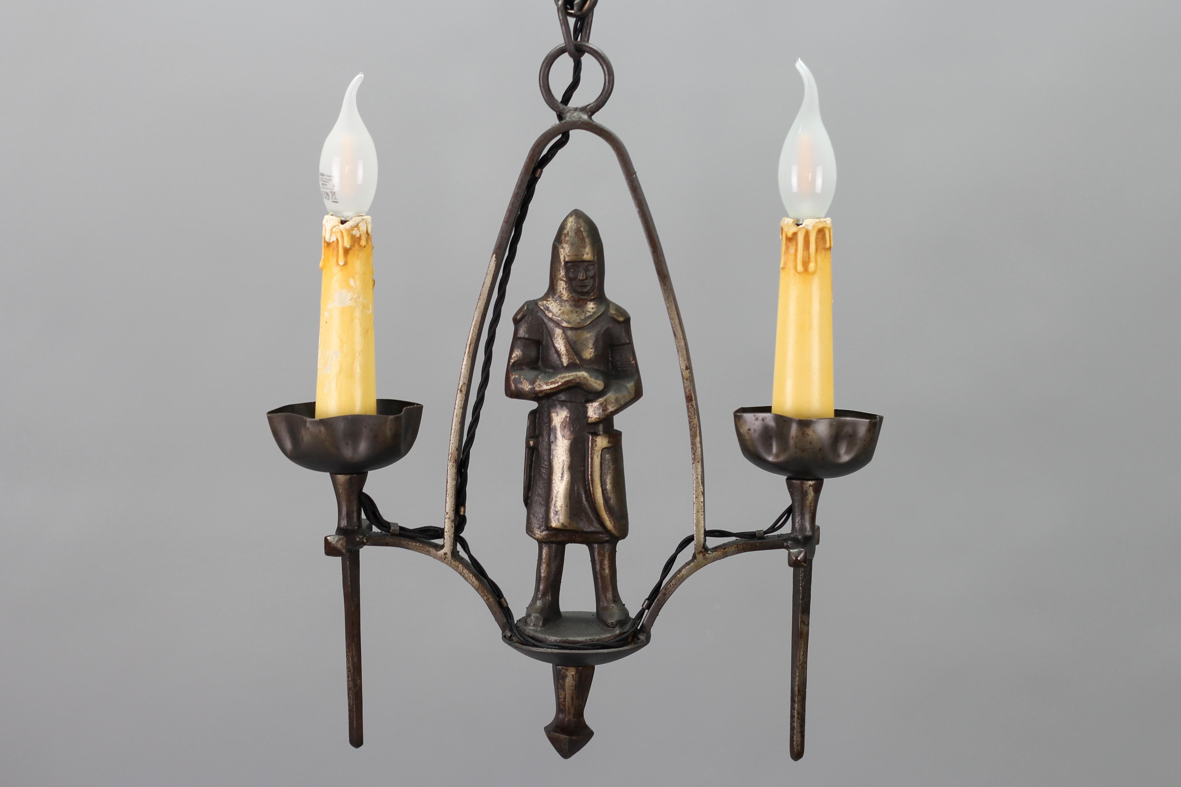 Mid-20th Century Gothic Revival Style Wrought Iron Two-Light Chandelier with Knight  For Sale