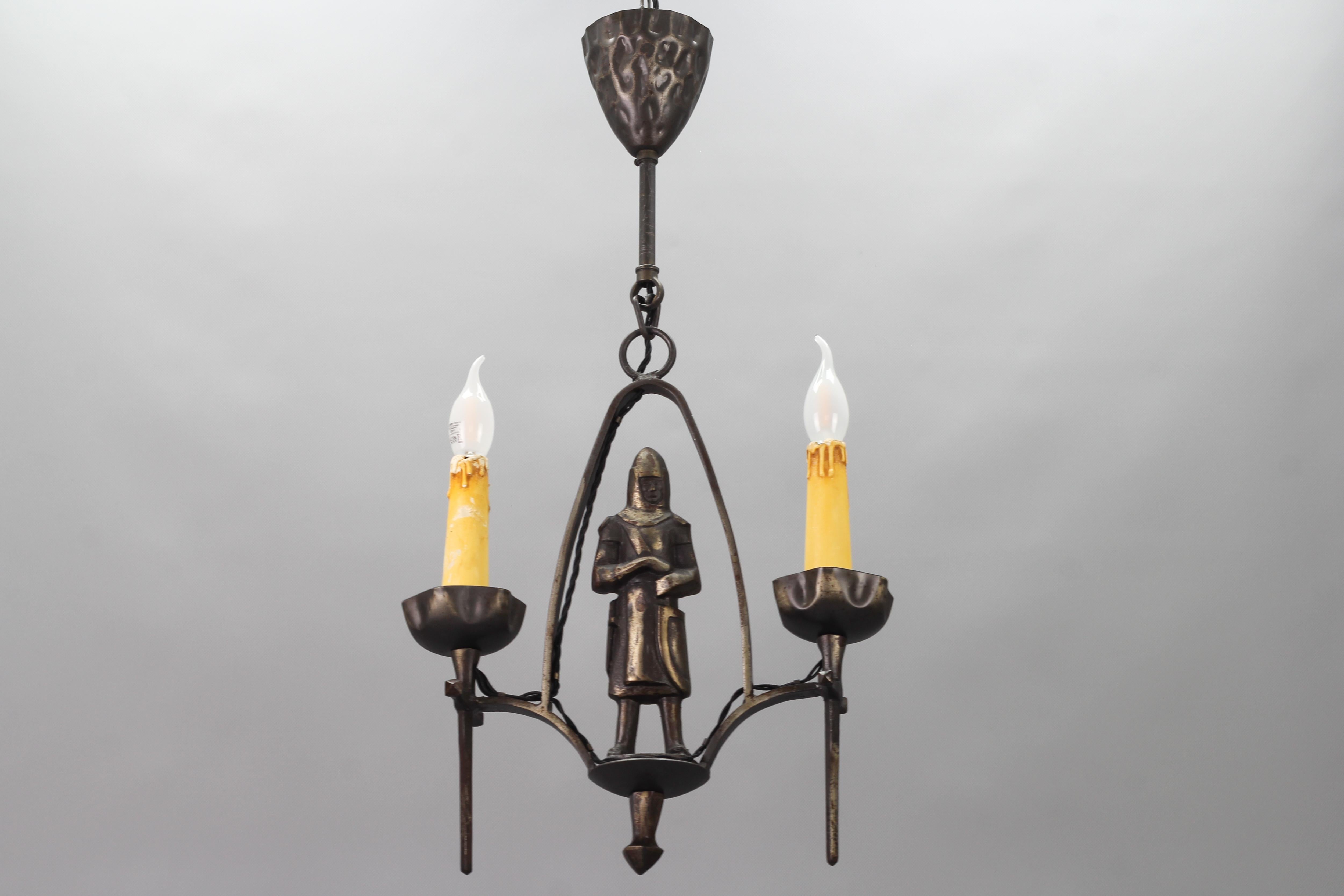 Metal Gothic Revival Style Wrought Iron Two-Light Chandelier with Knight  For Sale