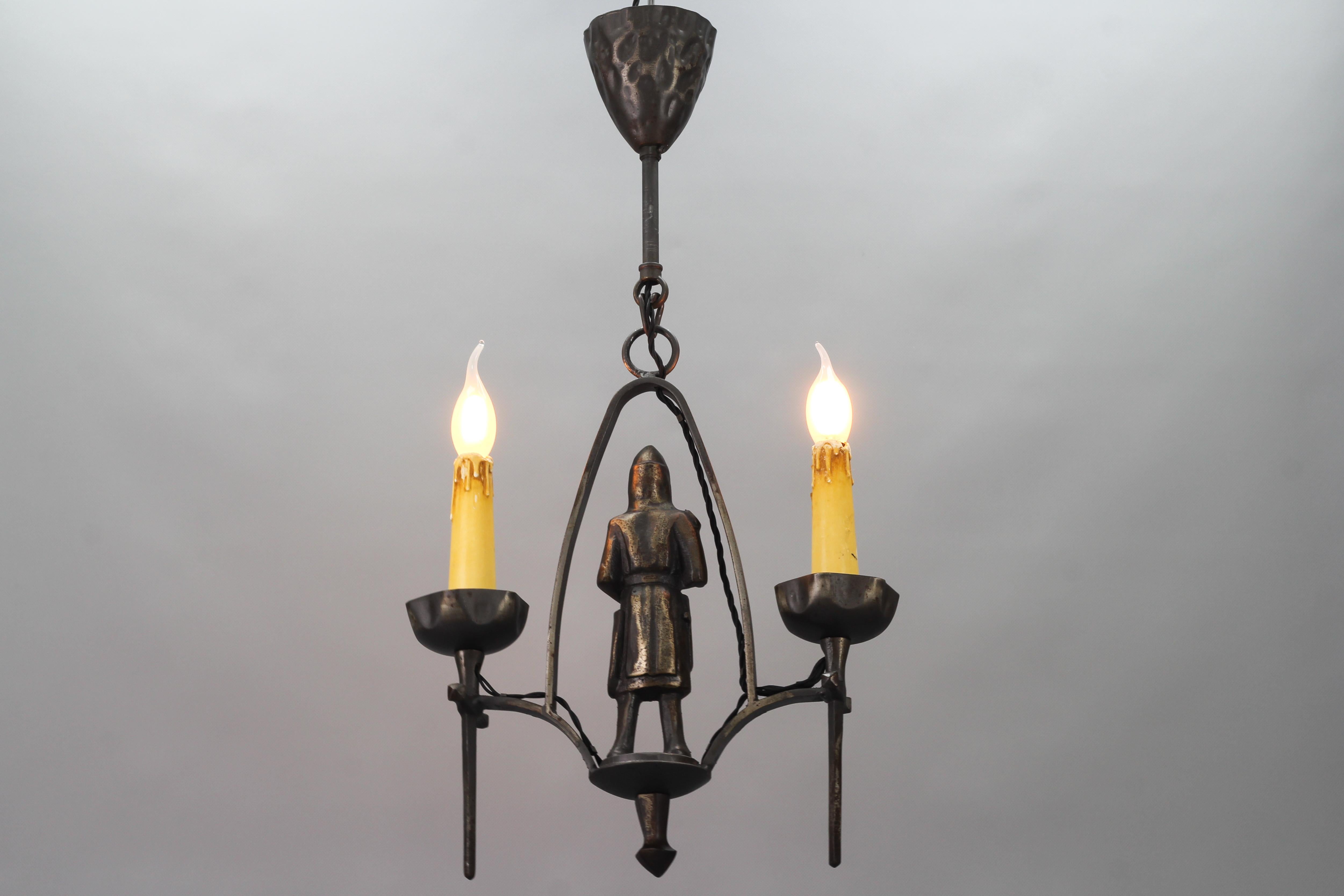 Gothic Revival Style Wrought Iron Two-Light Chandelier with Knight  For Sale 2