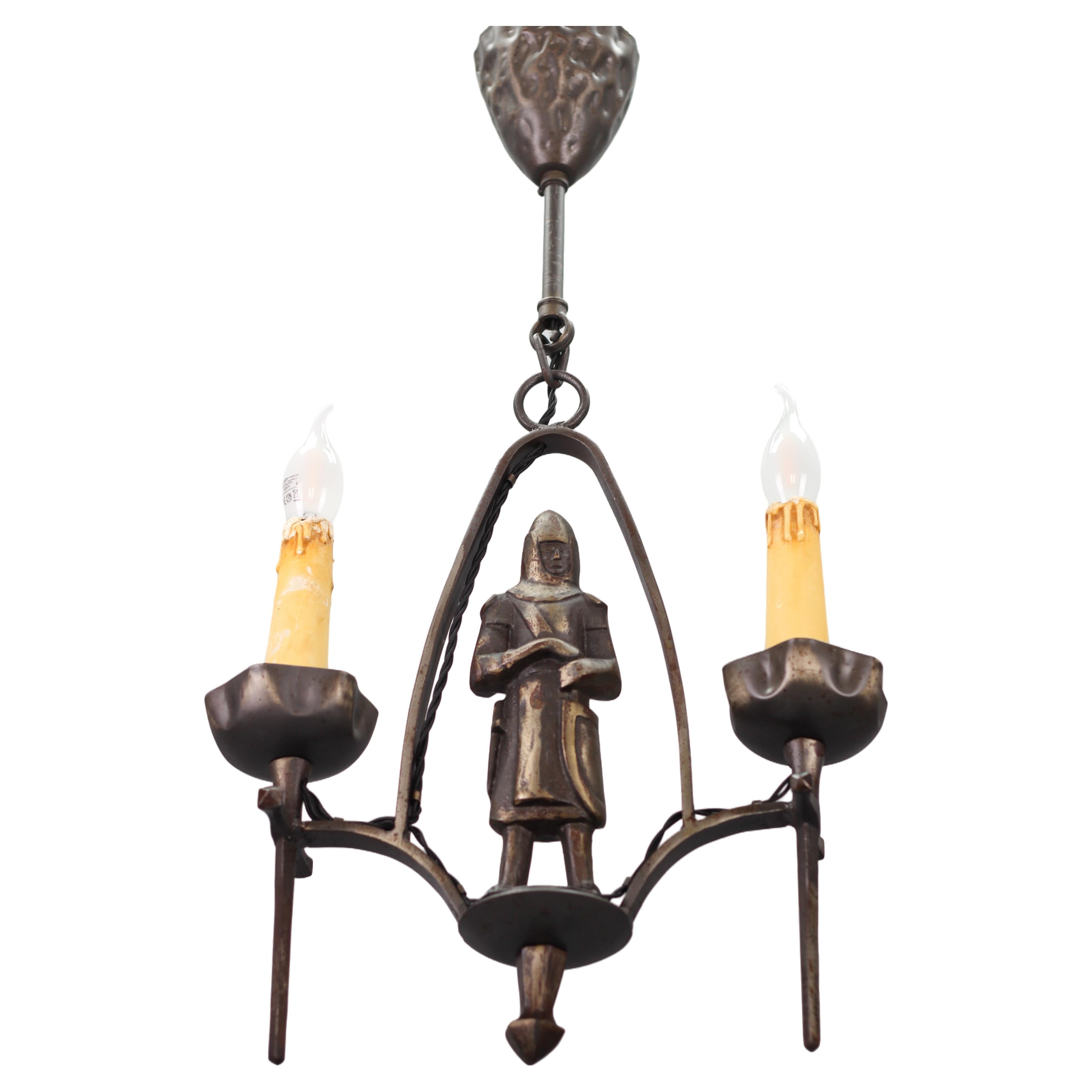 Gothic Revival Style Wrought Iron Two-Light Chandelier with Knight 