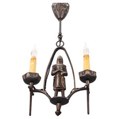 Gothic Revival Style Wrought Iron Two-Light Chandelier with Knight 