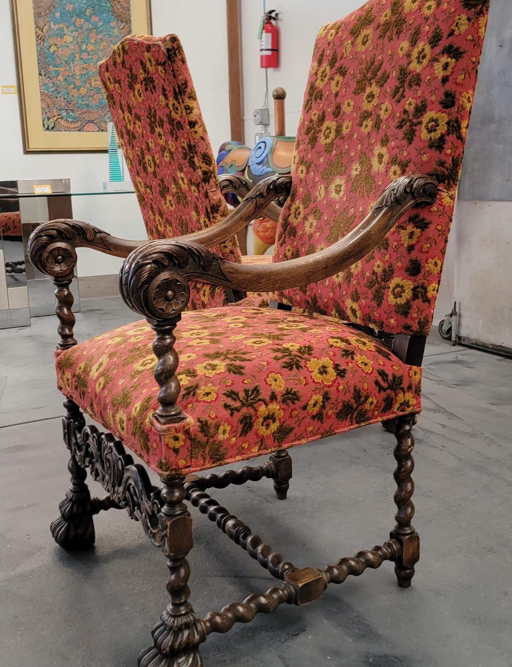 Fabric Gothic Revival Throne Chairs a Pair 1920's For Sale