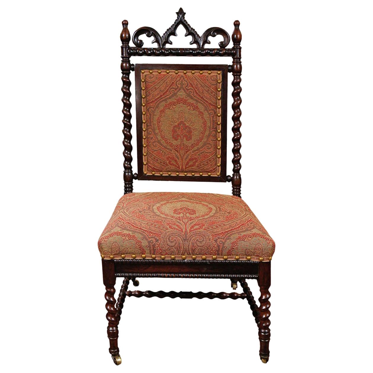 Gothic Revival Walnut Side Chair on Casters with Paisley Upholstery For Sale