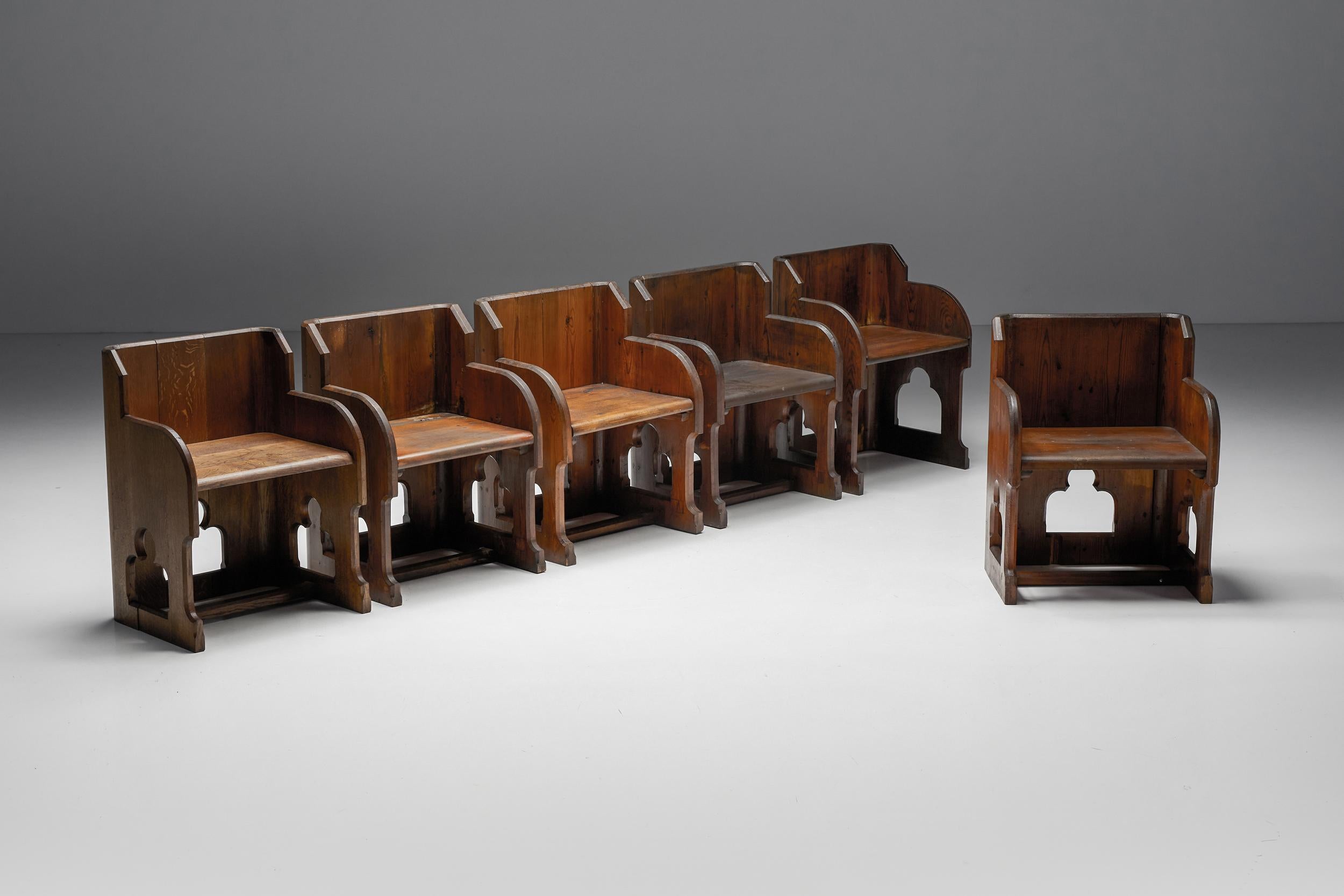 Gothic Revival; pine; wood; chairs; oak; 20th century; armchairs; dining chairs; dining room; england; folding seats; folding chairs;

A set of six Gothic Revival armchairs, ideal as dining room chairs. Five of these Gothic Revival dining chairs