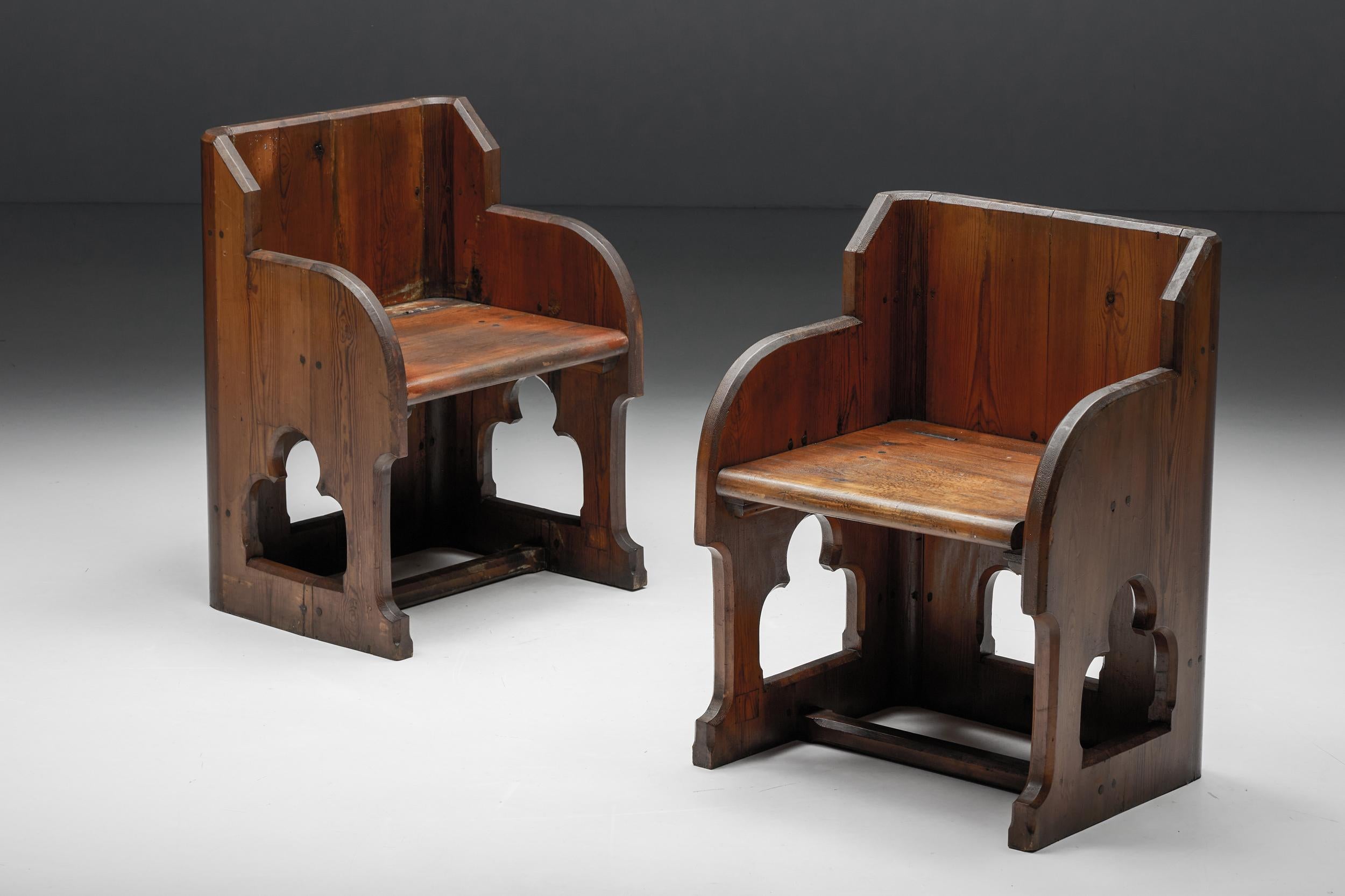 Gothic Revival Wooden Armchairs, Pine & Oak, 20th Century For Sale 2