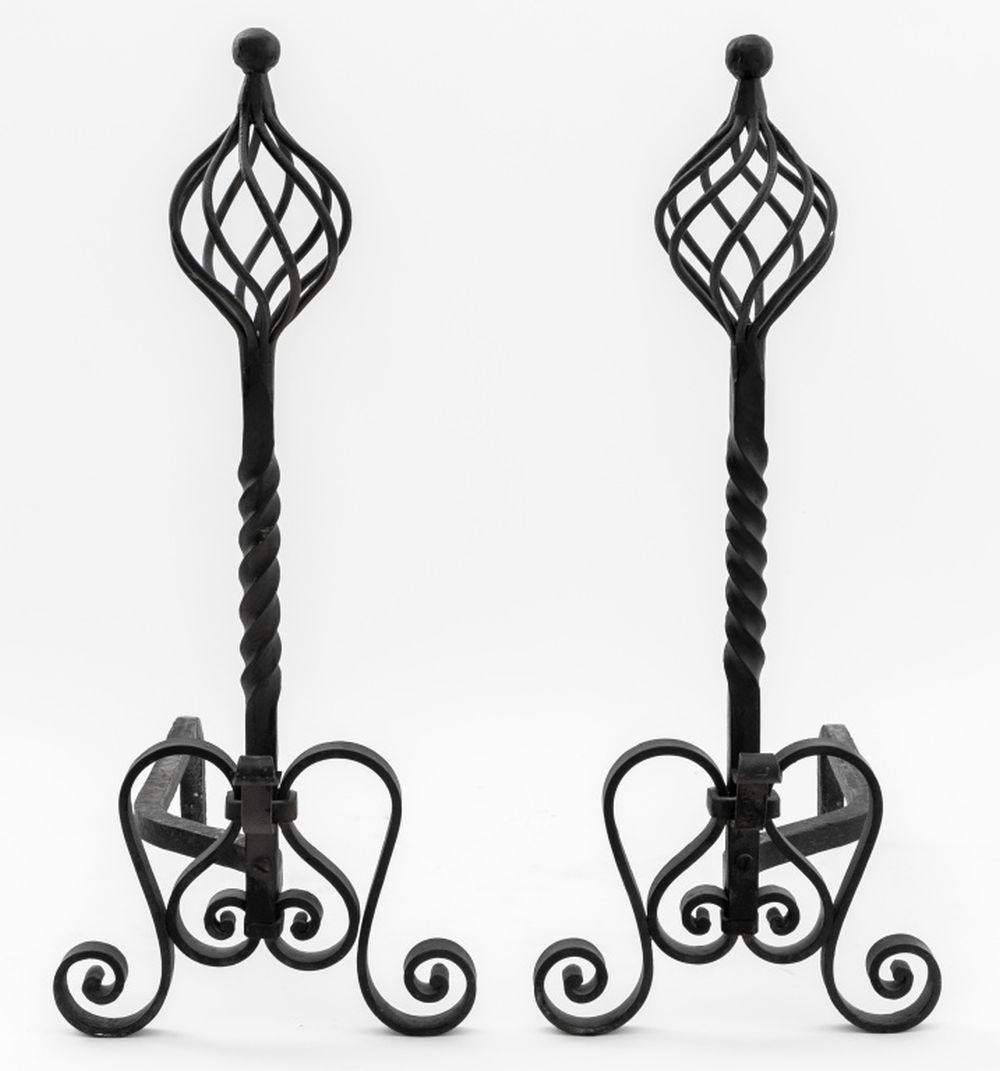 Gothic Revival Wrought Iron Andirons, Pair In Good Condition For Sale In Astoria, NY