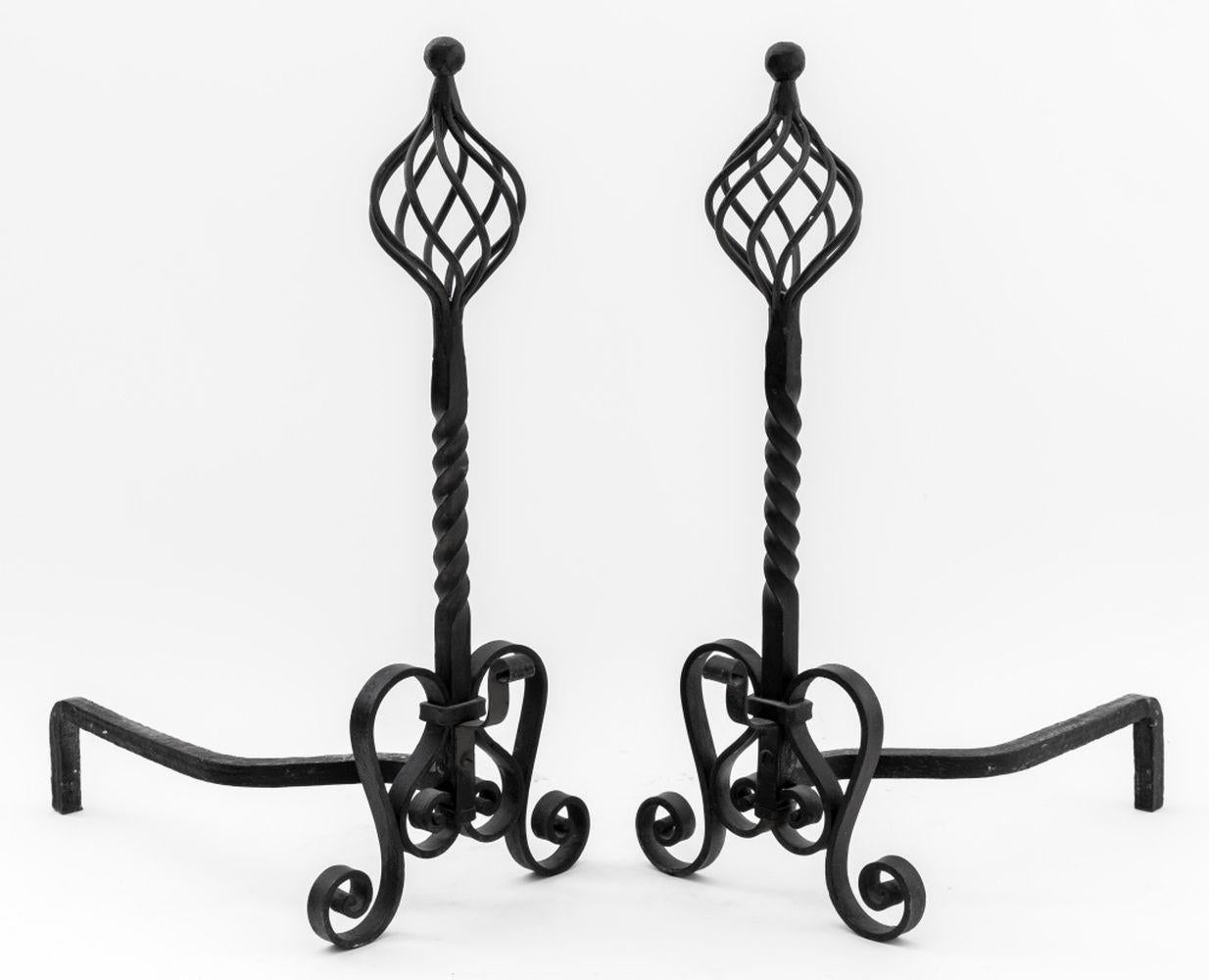 20th Century Gothic Revival Wrought Iron Andirons, Pair For Sale